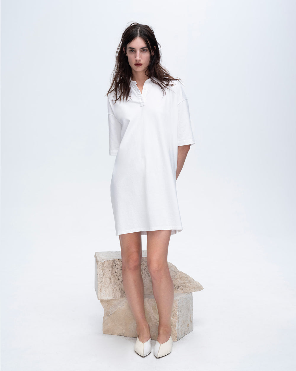 ATM Anthony Thomas Melillo Women's Heavyweight Jersey Mixed Media Short Sleeve Polo Dress Vintage Wash - White ATM Anthony Thomas Melillo Women's Heavyweight Jersey Mixed Media Short Sleeve Polo Dress Vintage Wash - White