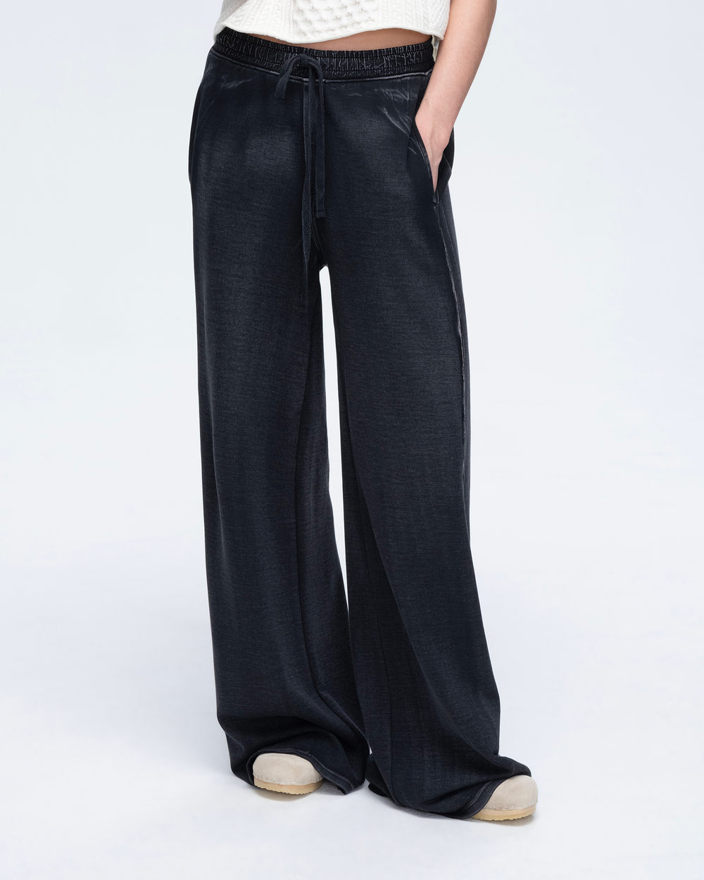 Pique Mixed Media Wide Leg Pants - Black