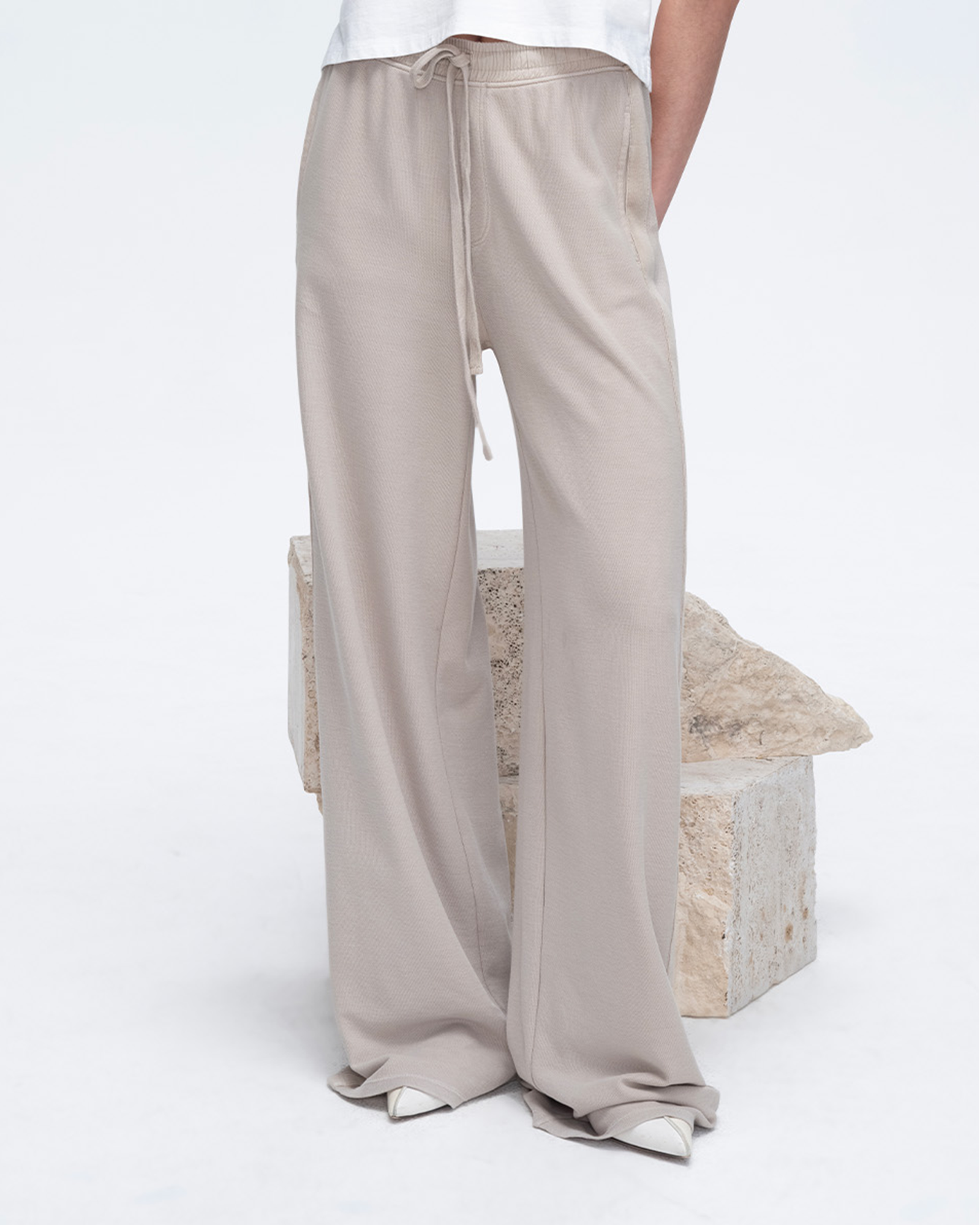 Pique Mixed Media Wide Leg Pants - Sandy Beige