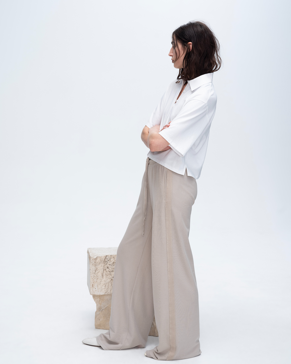 Pique Mixed Media Wide Leg Pants - Sandy Beige