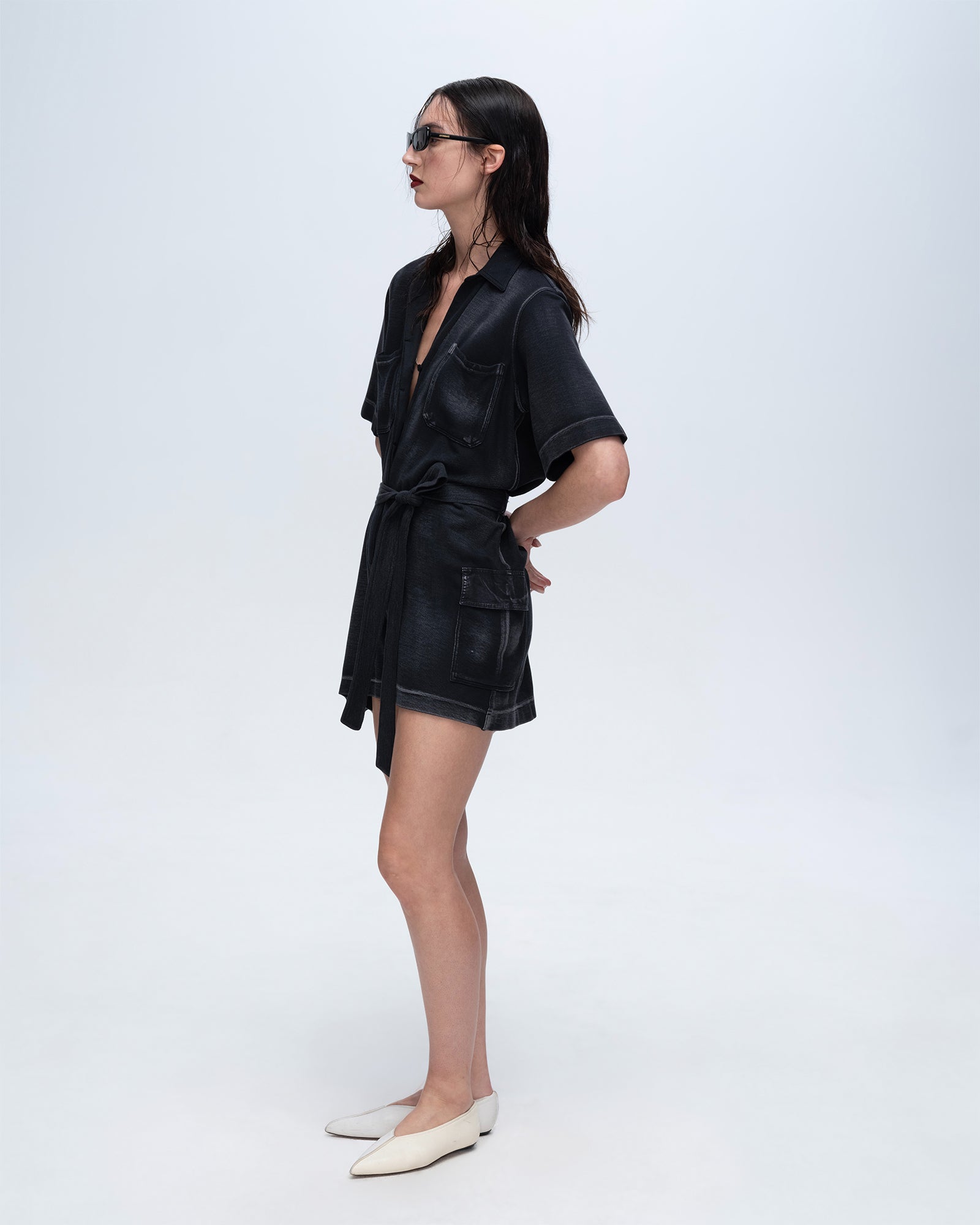 Pique Mixed Media Short Sleeve Romper - Black