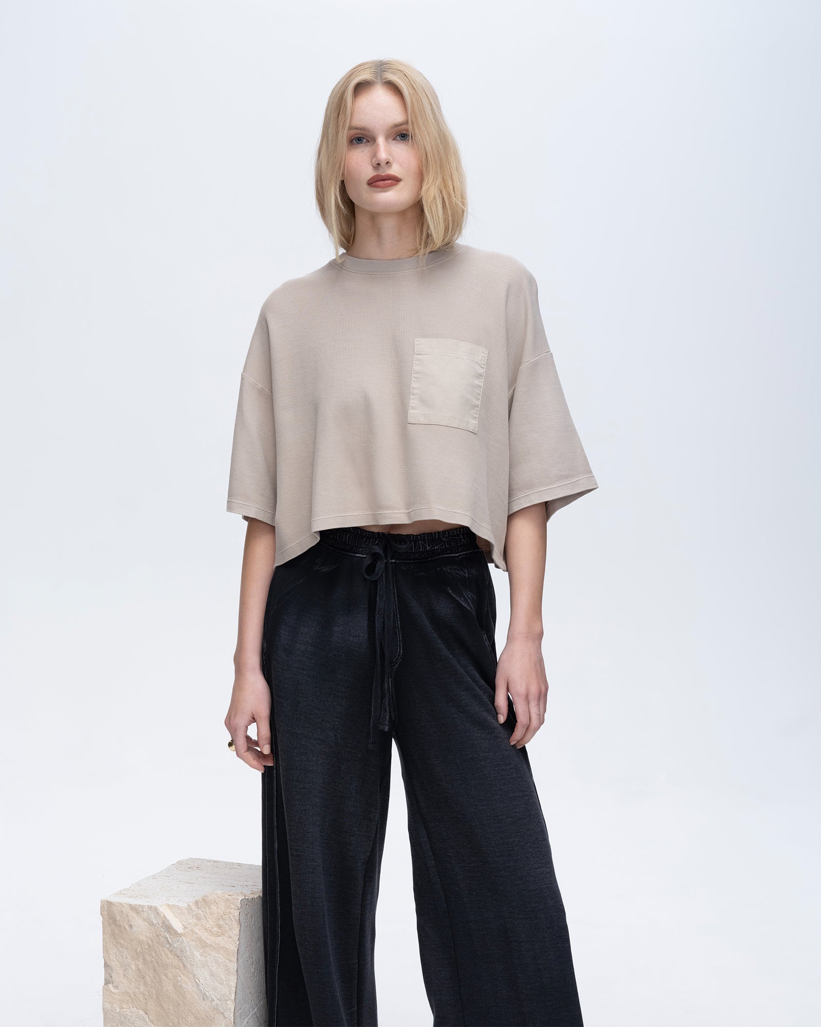 Pique Mixed Media Short Sleeve Boxy Pocket Tee - Sandy Beige