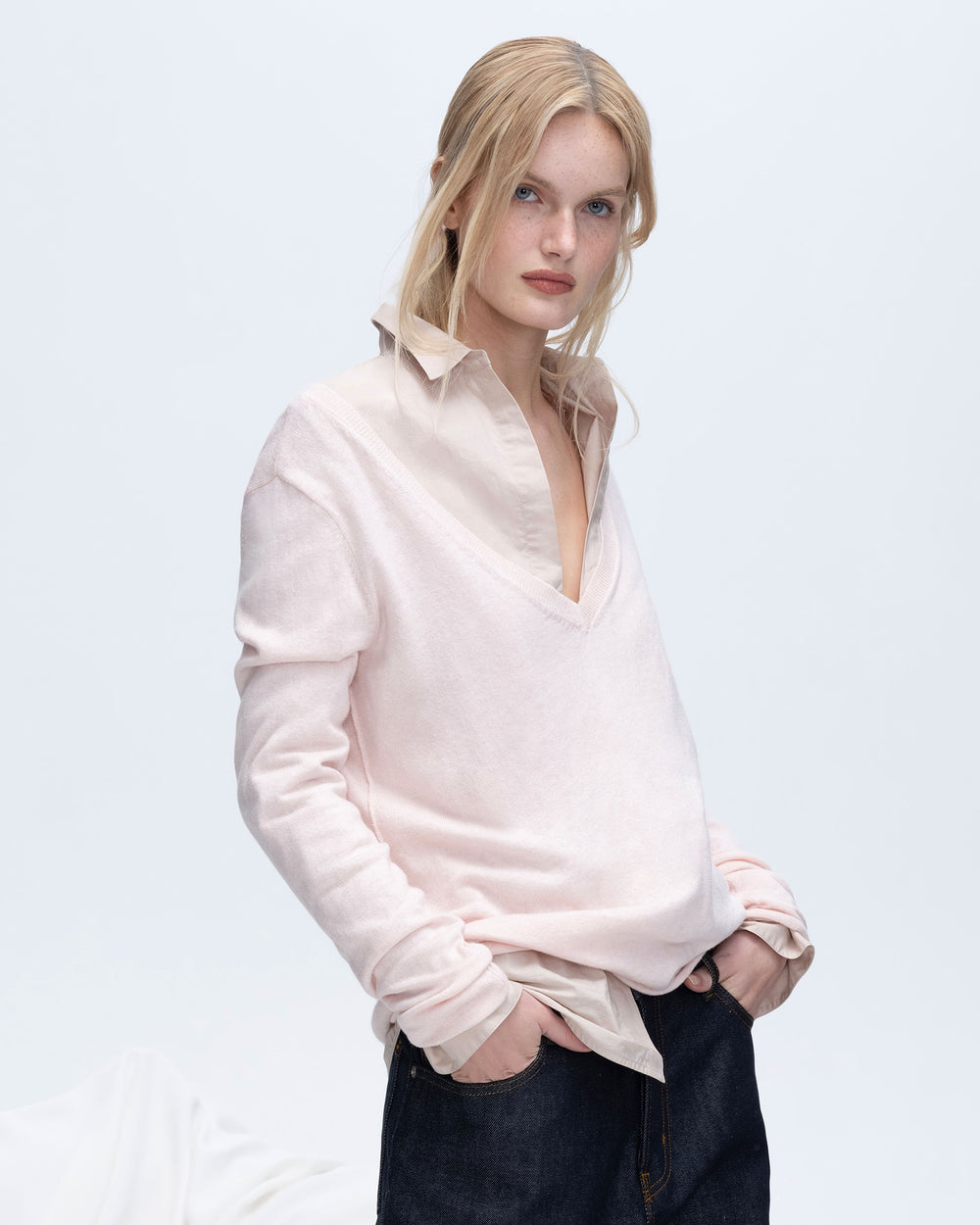Cotton Cashmere V-Neck Sweater - Pink Camelia