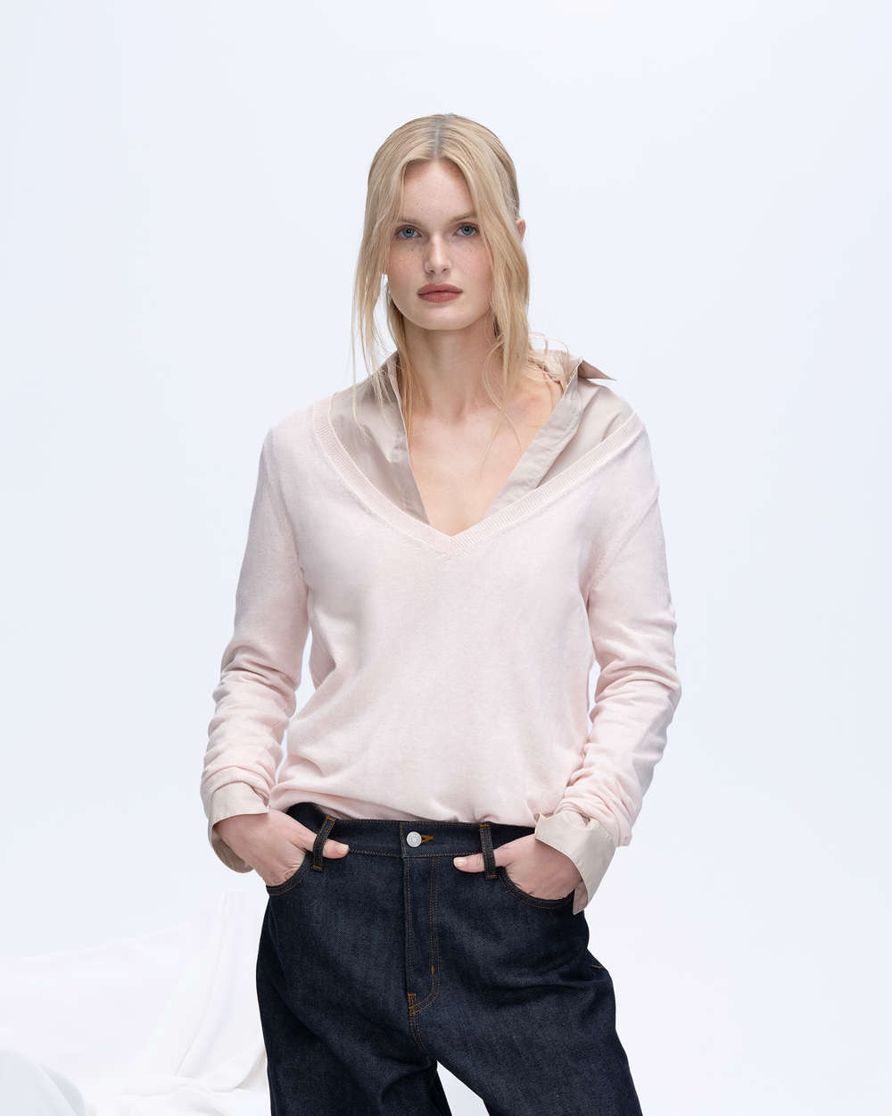 Cotton Cashmere V-Neck Sweater - Pink Camelia