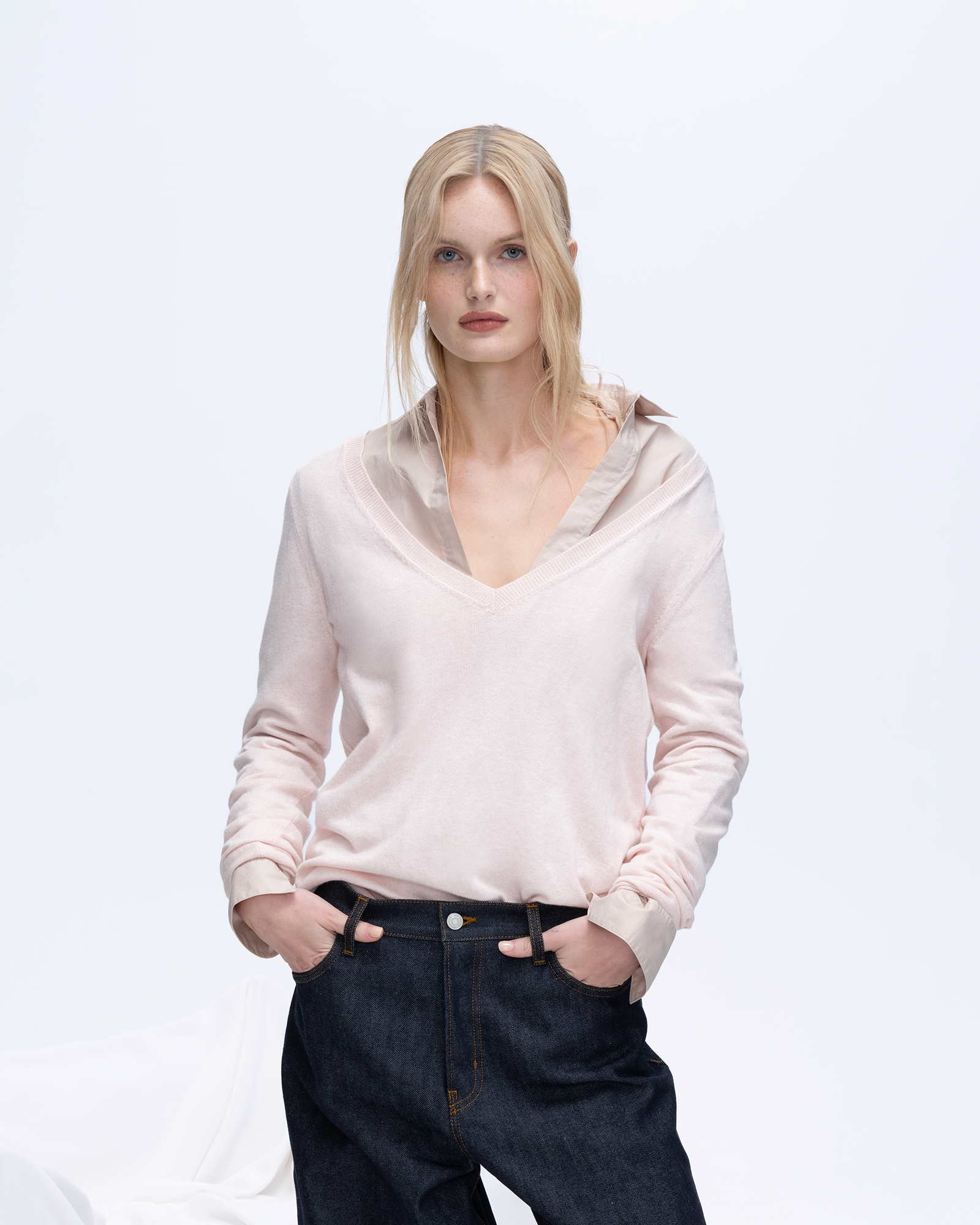 Cotton Cashmere V-Neck Sweater - Pink Camelia