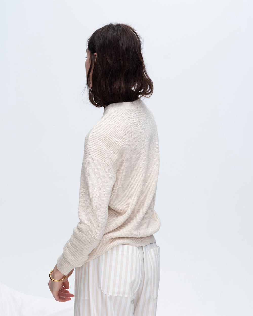 Cotton Blend Pintuck Detail Crew Neck Sweater - Chalk