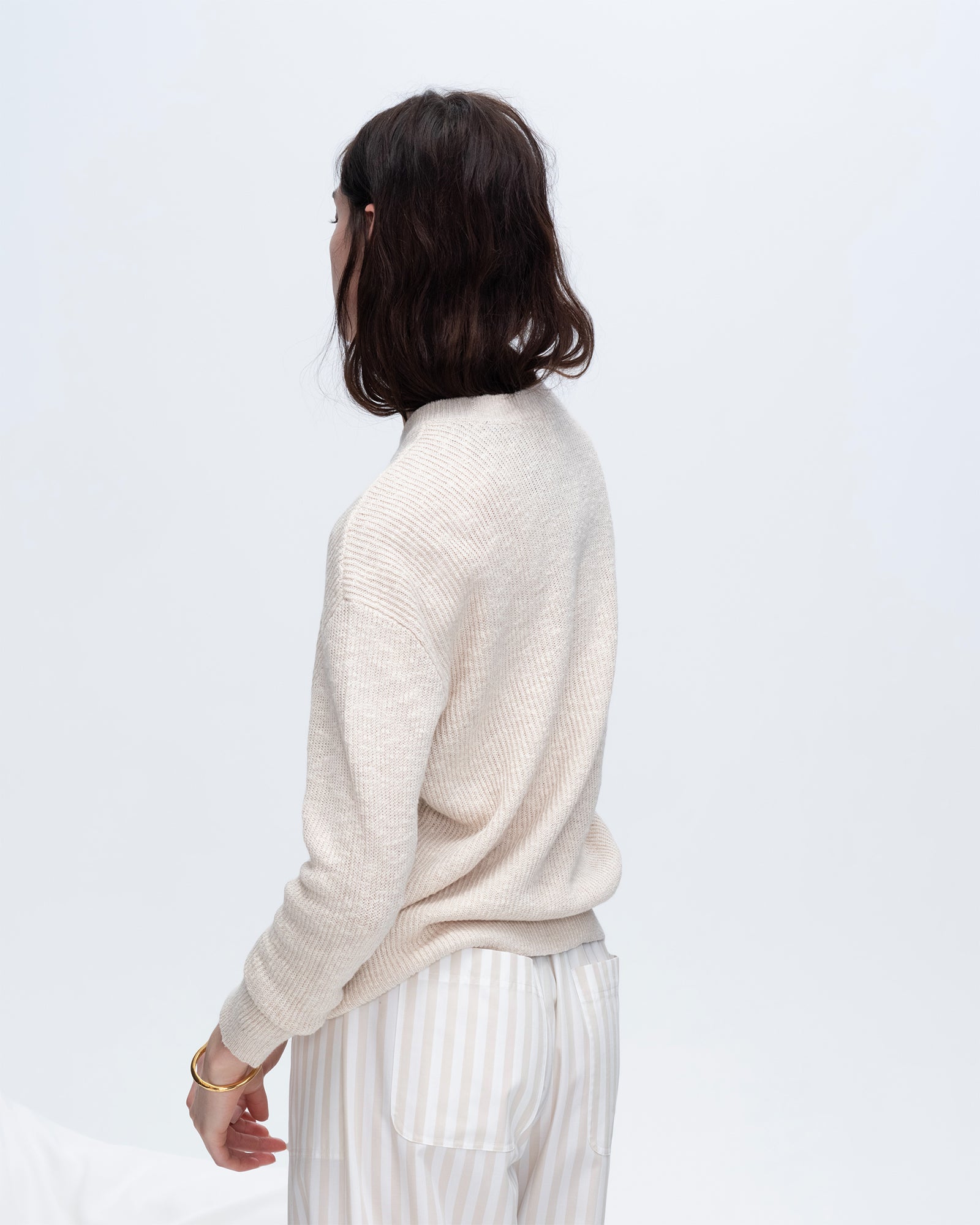 Cotton Blend Pintuck Detail Crew Neck Sweater - Chalk