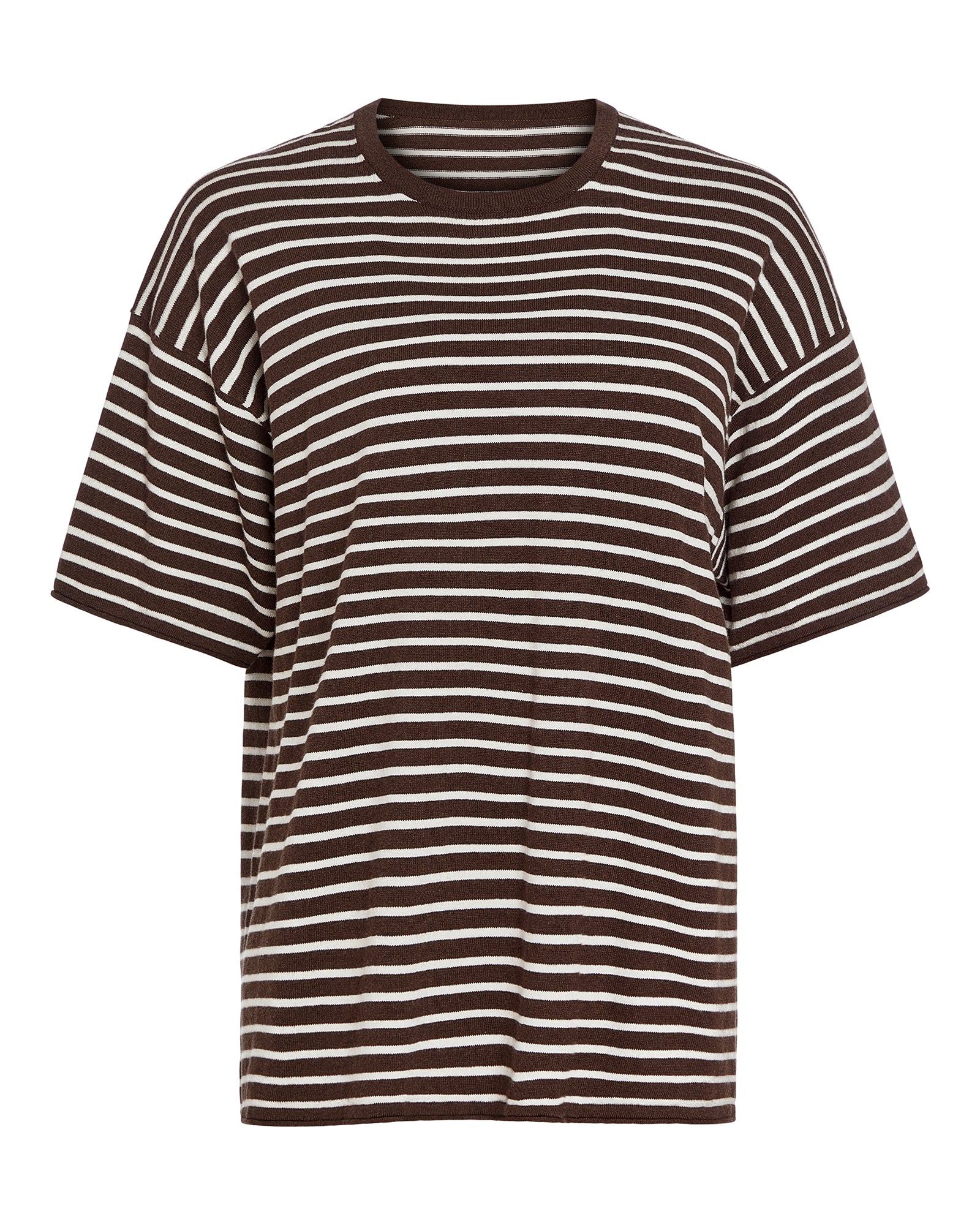 Cotton Cashmere Oversized Striped Crew Neck Tee - Dark Chocolate Chalk