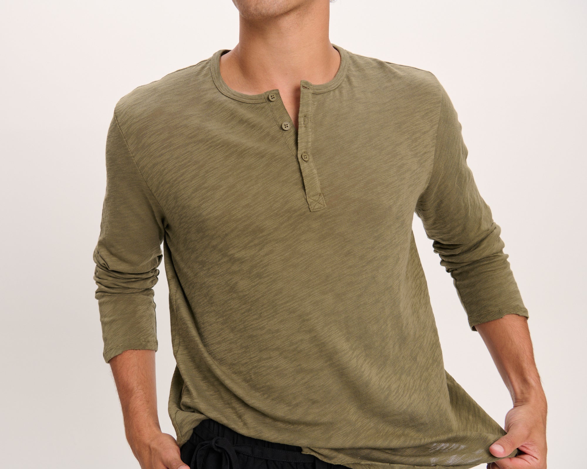 Slub Jersey Destroyed Wash Henley - Army