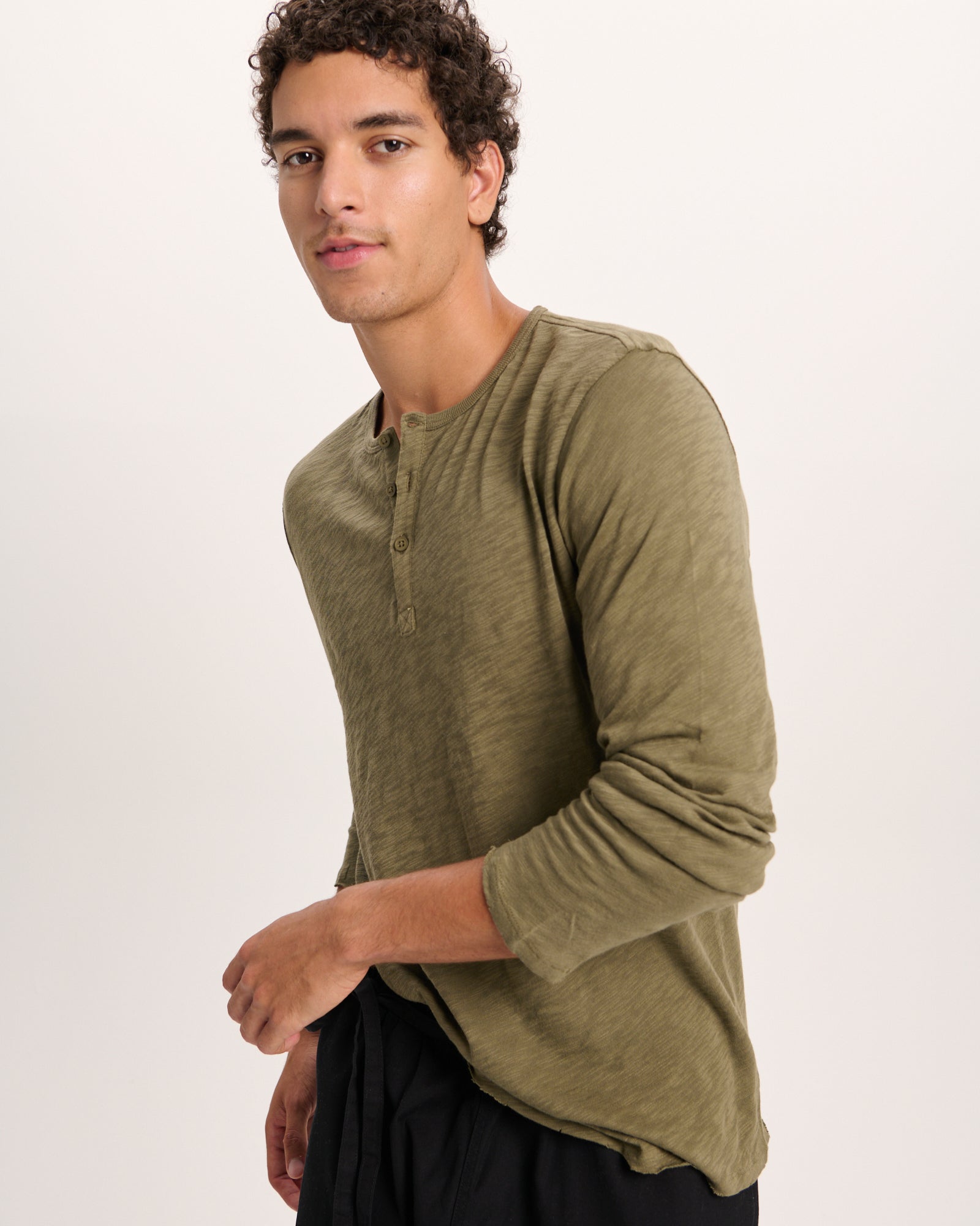 Slub Jersey Destroyed Wash Henley - Army