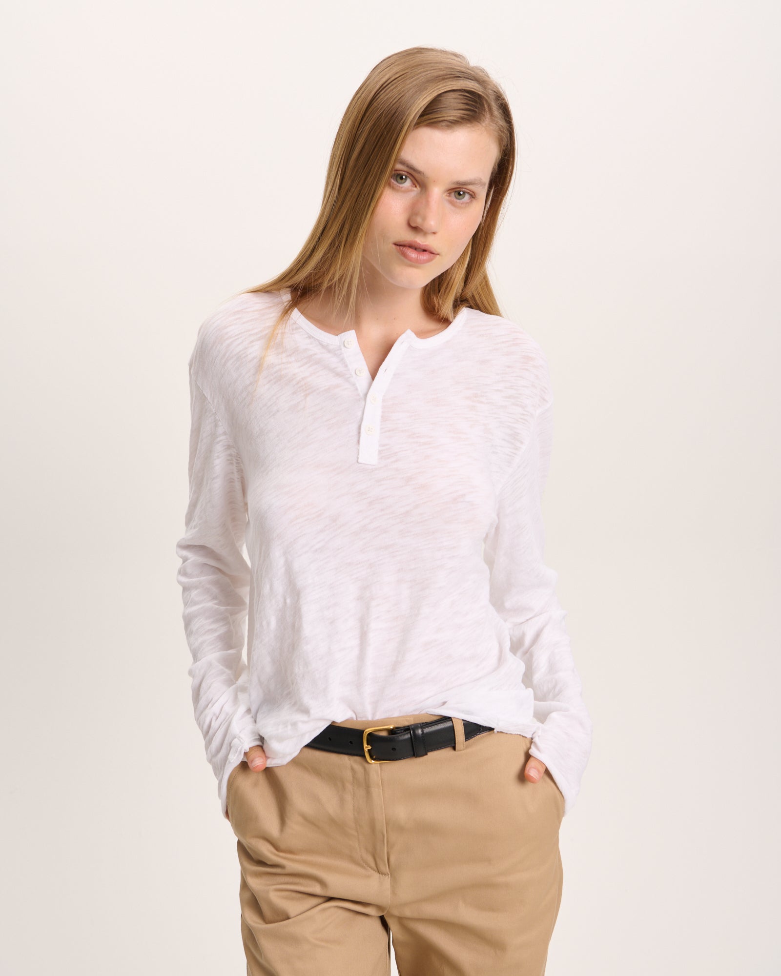Slub Jersey Destroyed Wash Boyfriend Henley - White