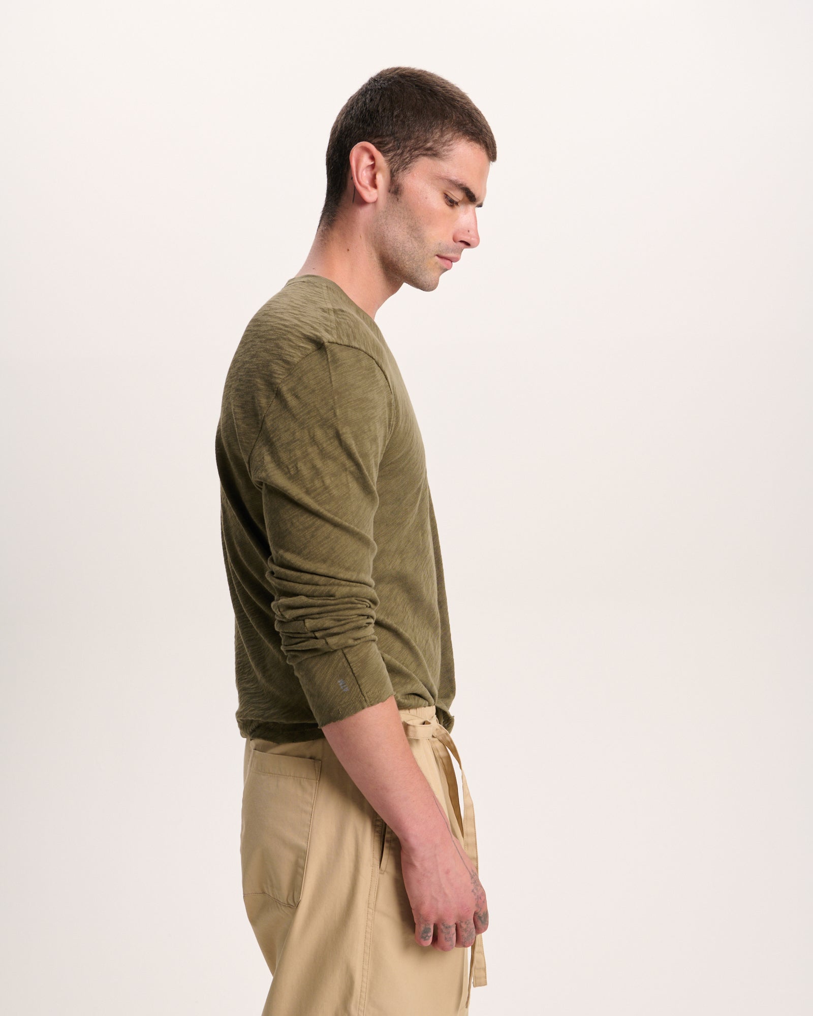 Slub Jersey Long Sleeve Destroyed Wash Tee - Army