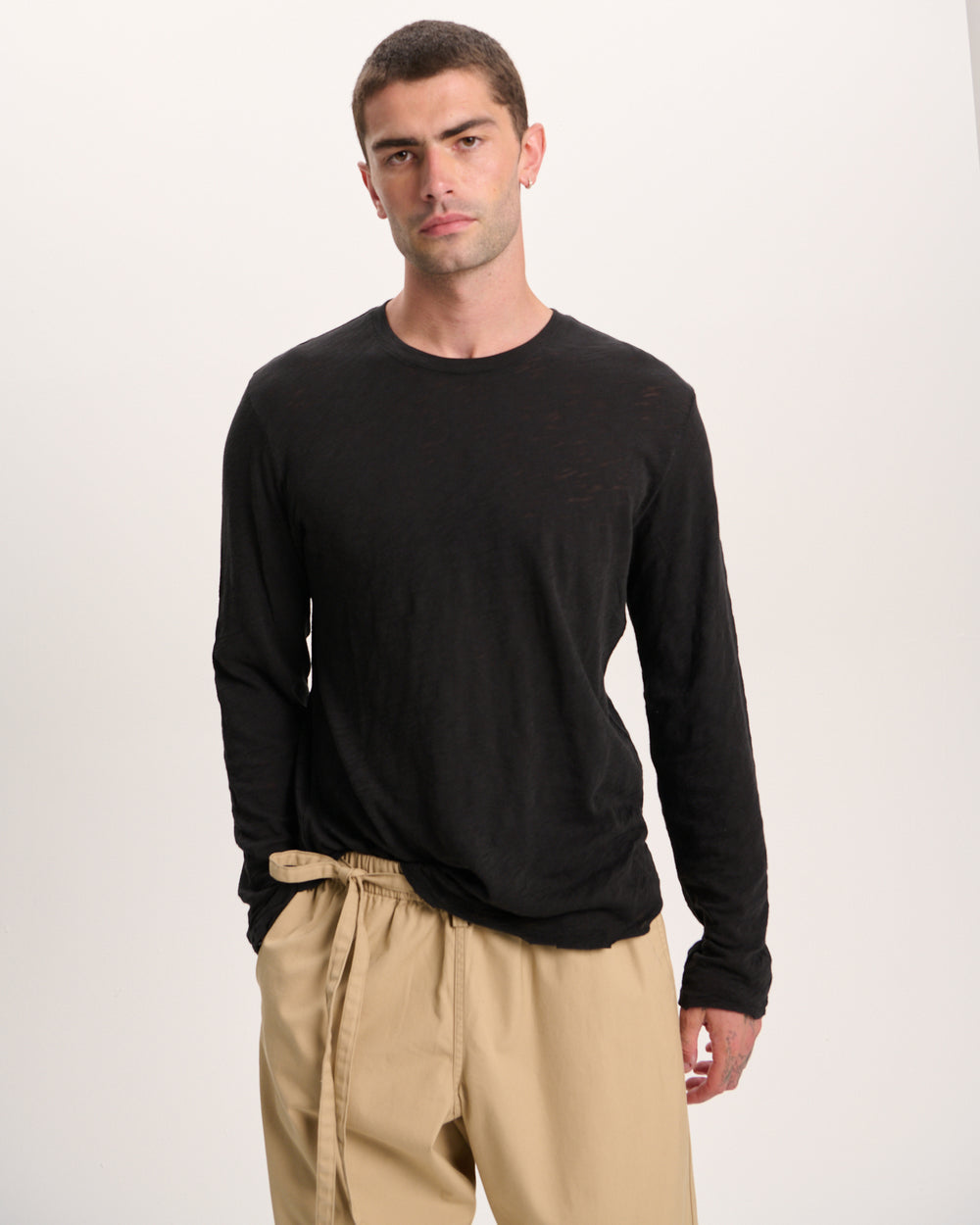 Slub Jersey Long Sleeve Destroyed Wash Tee - Black