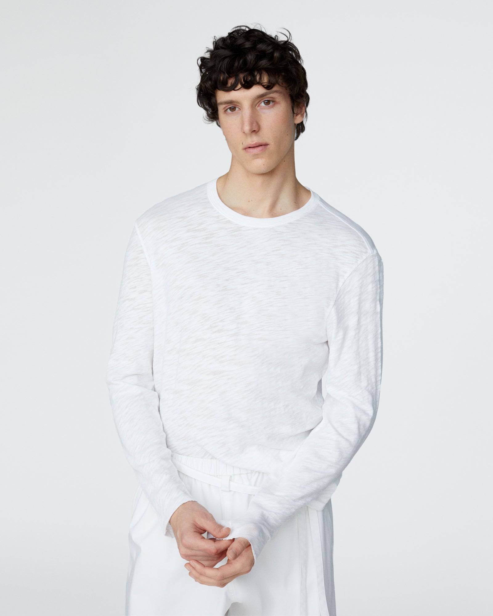 Slub Jersey Long Sleeve Destroyed Wash Tee - White