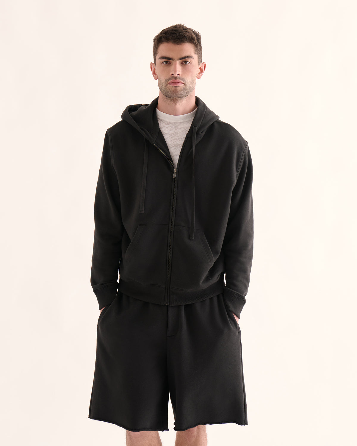French Terry Zip-Up Hoodie - Black