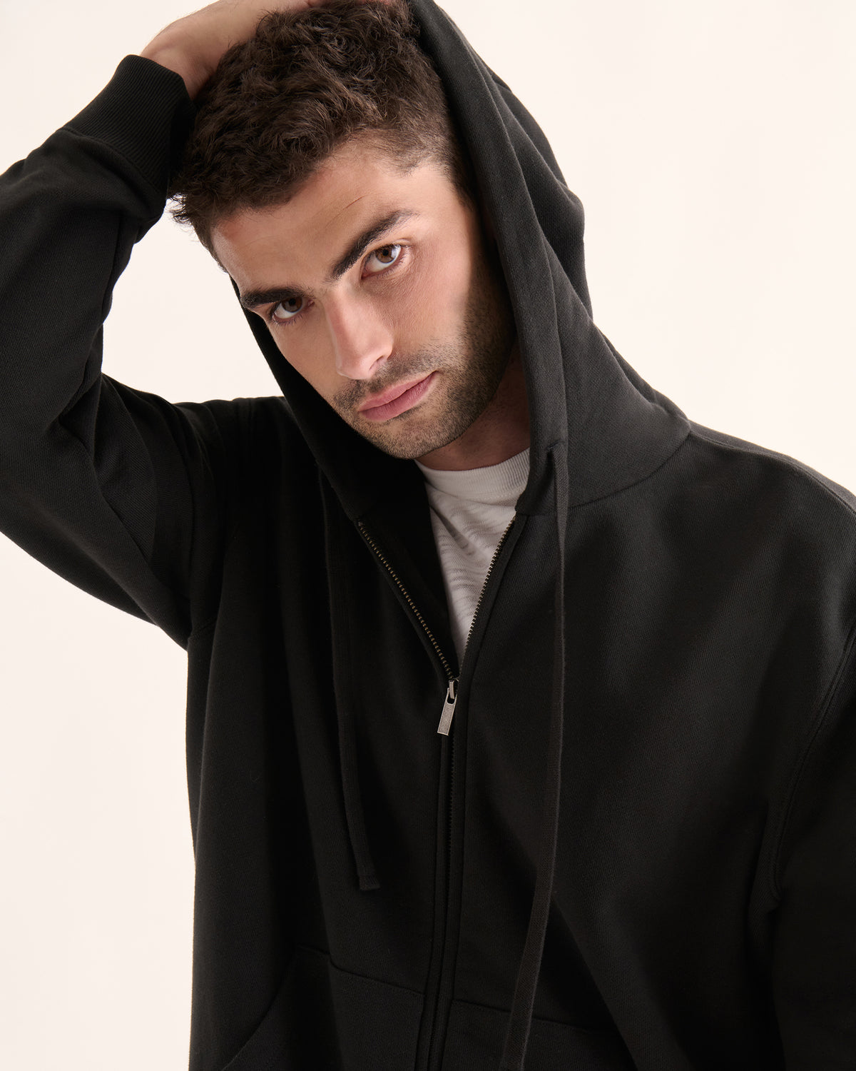 French Terry Zip-Up Hoodie - Black