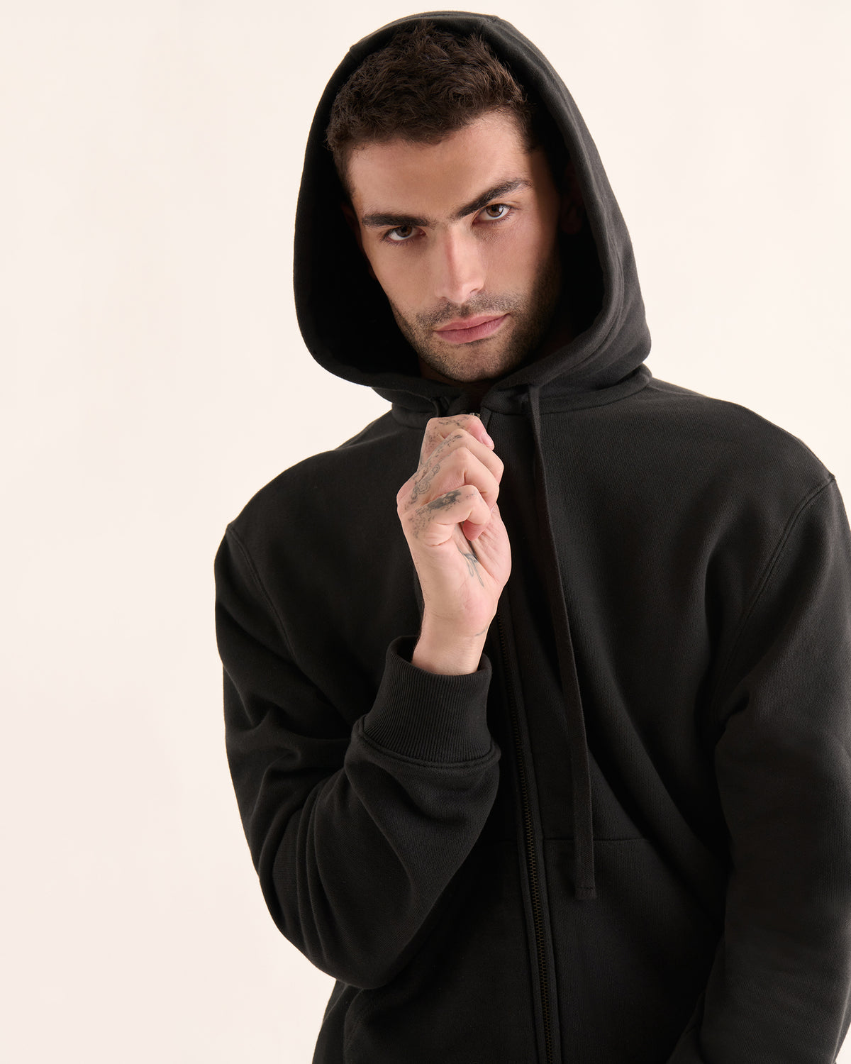 French Terry Zip-Up Hoodie - Black