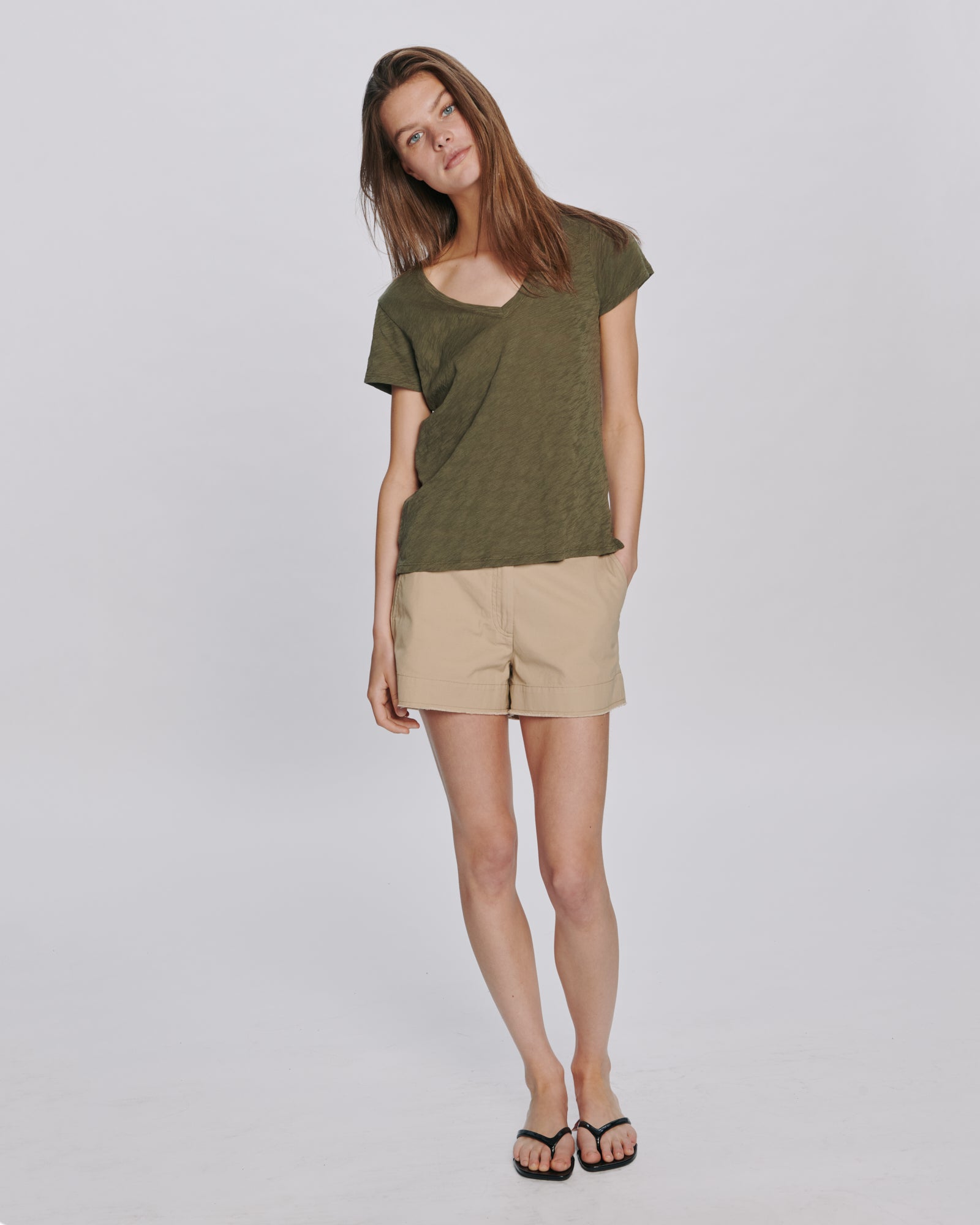 Slub Jersey Schoolboy V-Neck Tee - Army