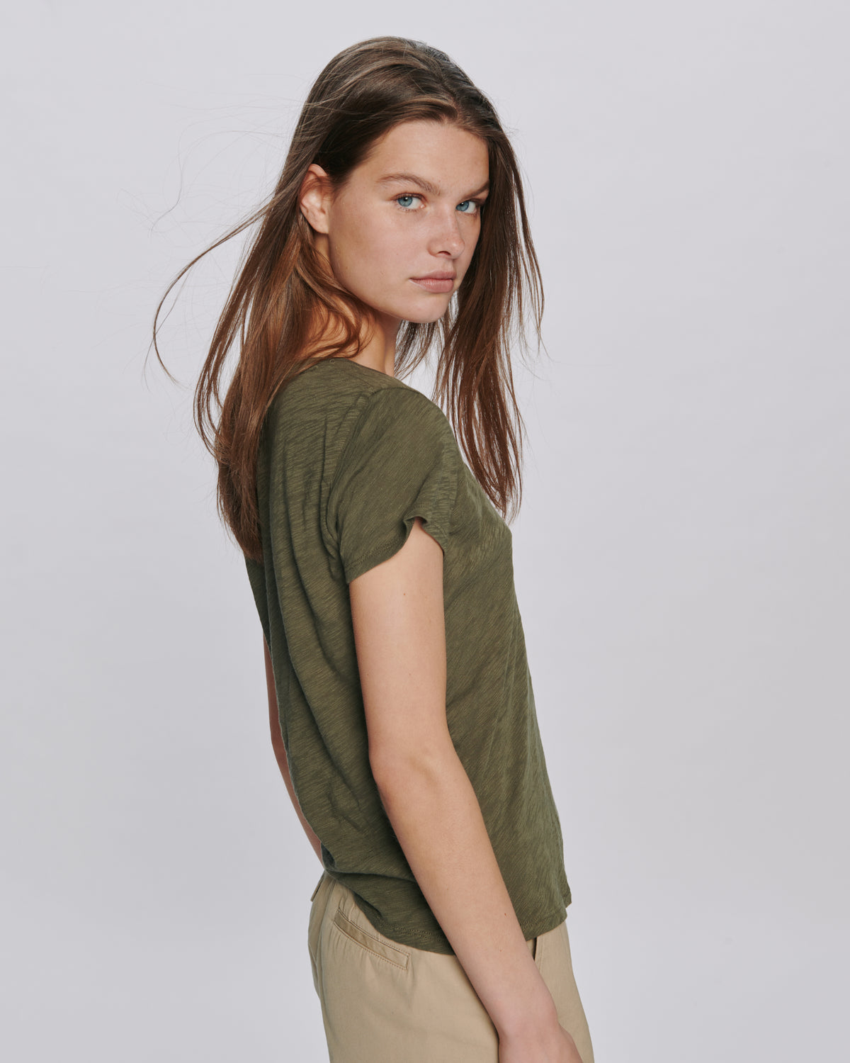 Slub Jersey Schoolboy V-Neck Tee - Army