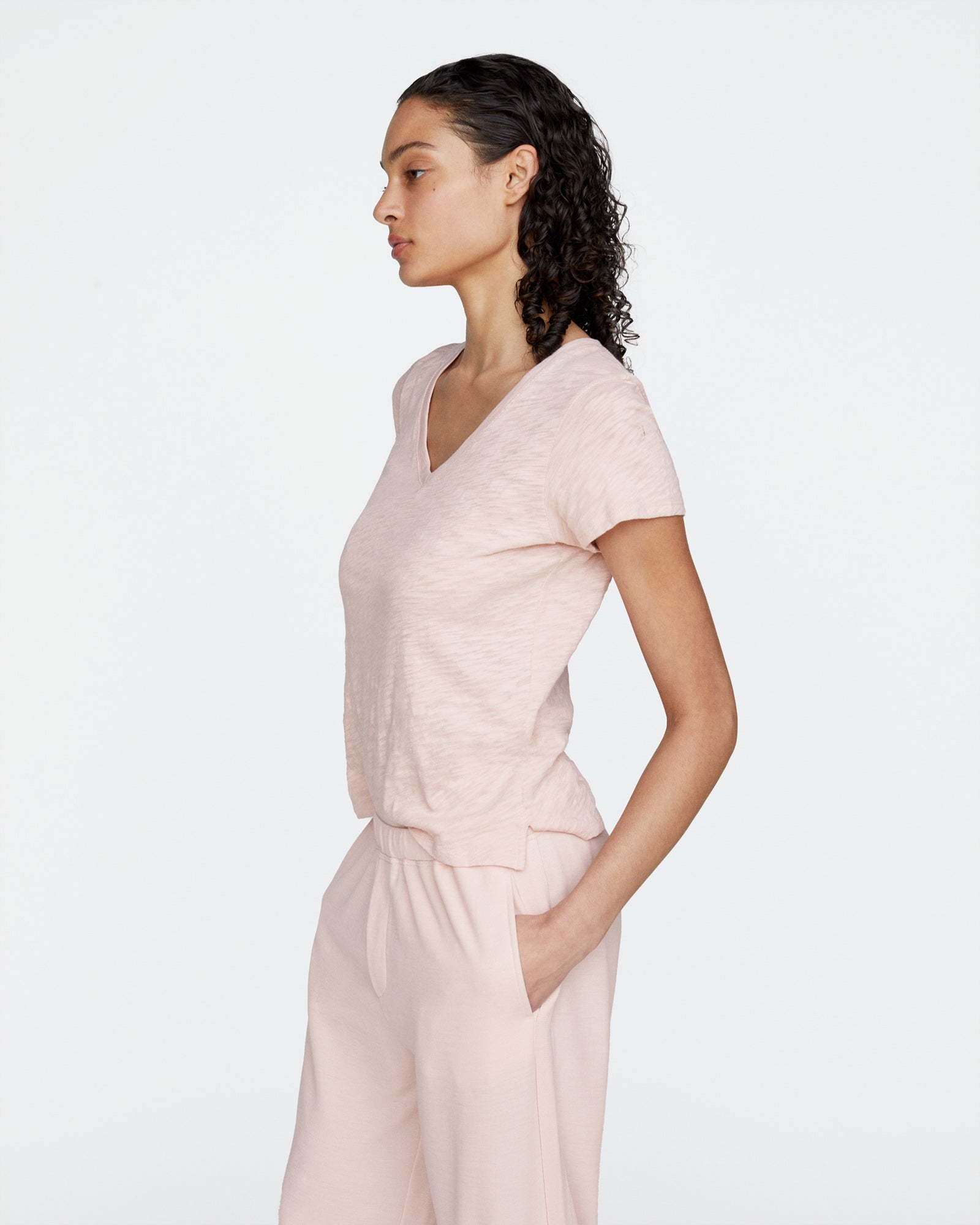 Slub Jersey Schoolboy V-Neck Tee - Faded Rose