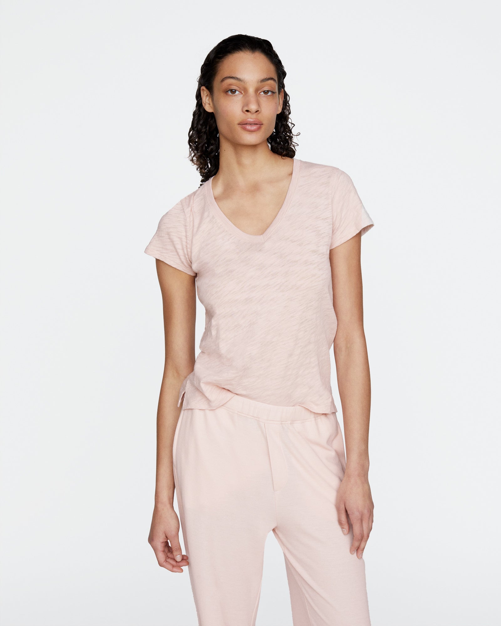 Slub Jersey Schoolboy V-Neck Tee - Faded Rose