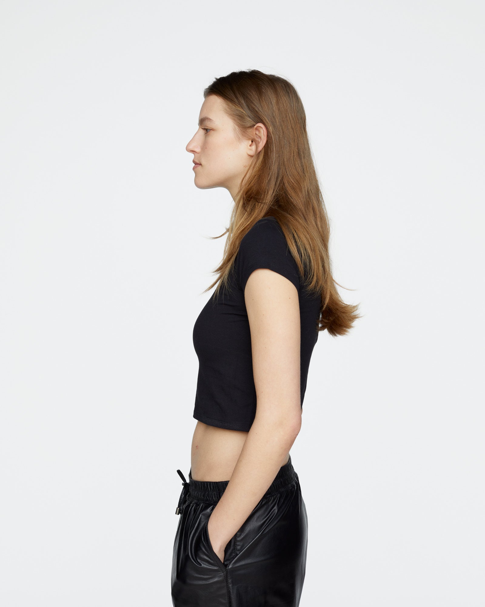 Stretch Cotton Cropped Baby Tee - Black