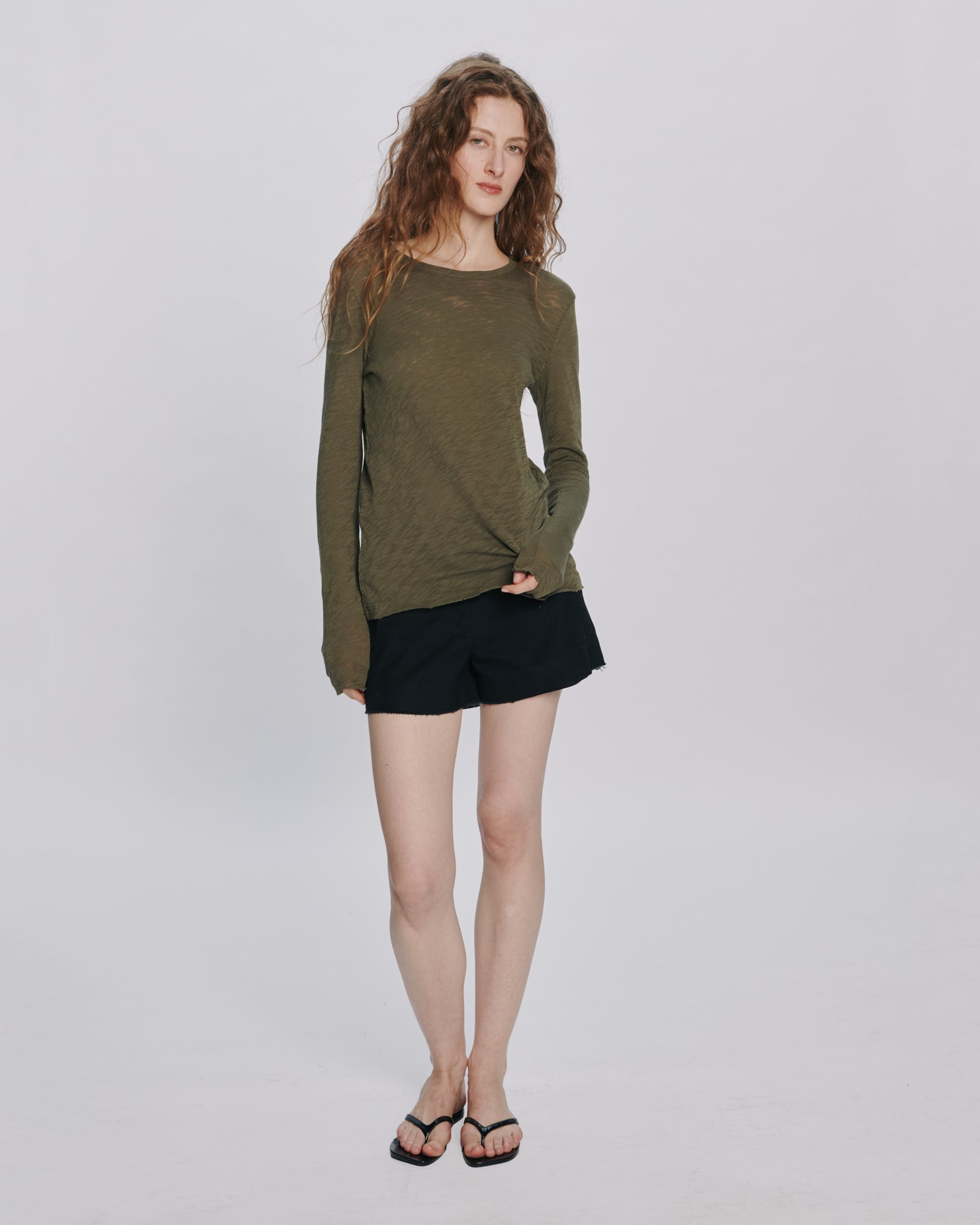 Slub Jersey Long Sleeve Destroyed Wash Tee - Army