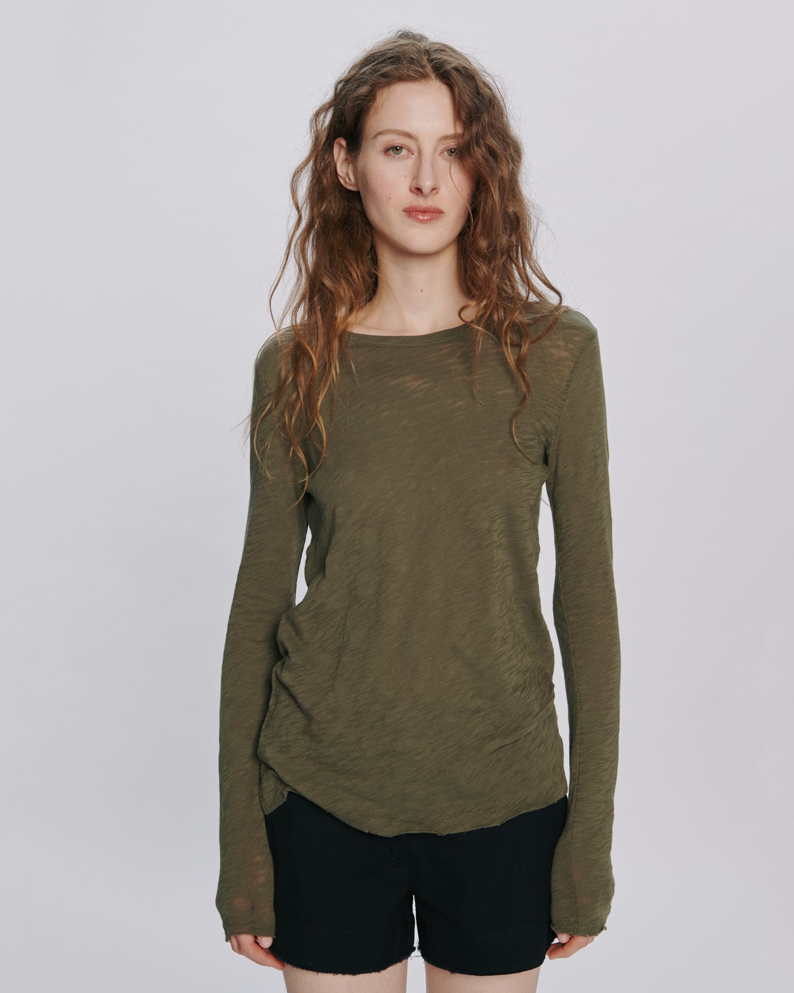Slub Jersey Long Sleeve Destroyed Wash Tee - Army