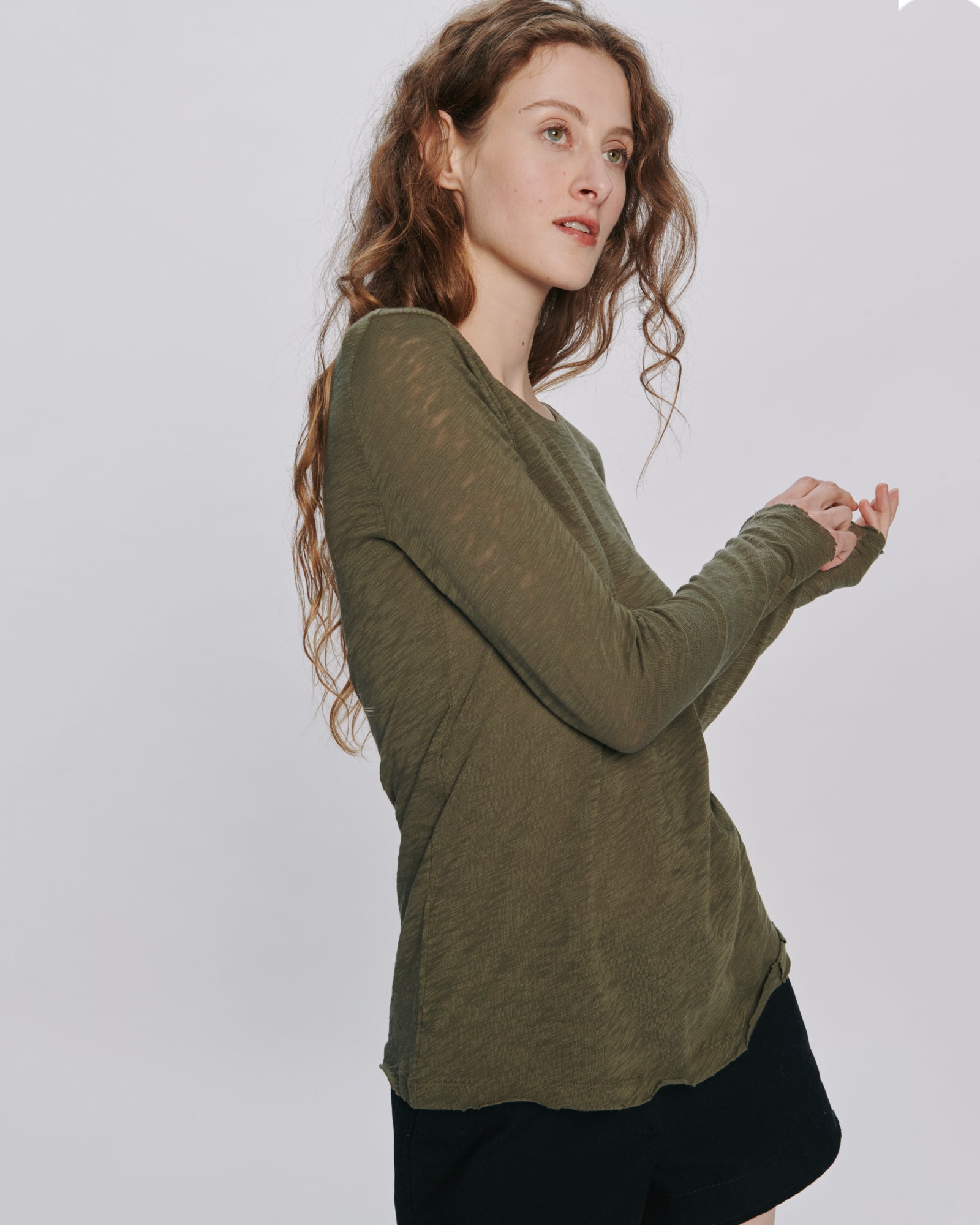 Slub Jersey Long Sleeve Destroyed Wash Tee - Army
