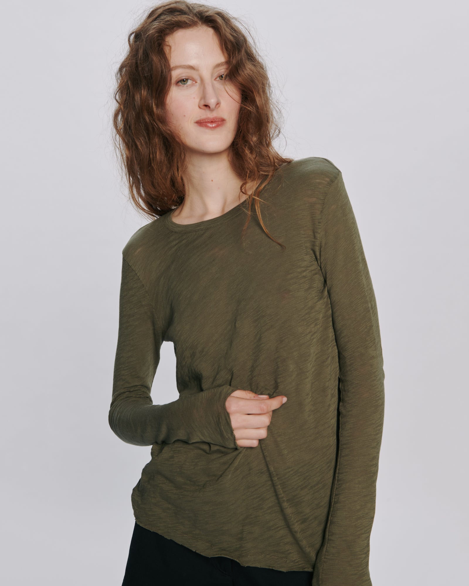 Slub Jersey Long Sleeve Destroyed Wash Tee - Army