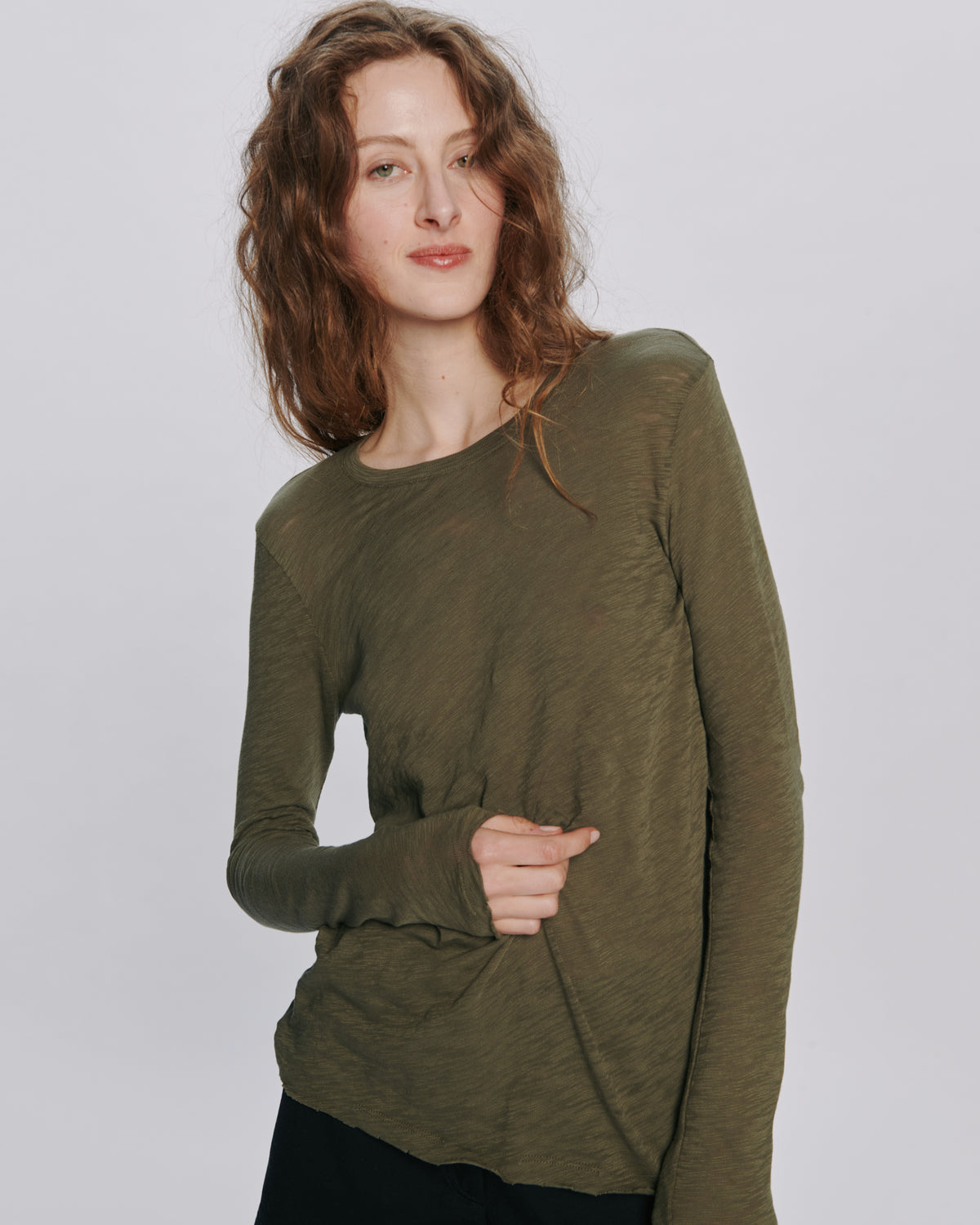 Slub Jersey Long Sleeve Destroyed Wash Tee - Army