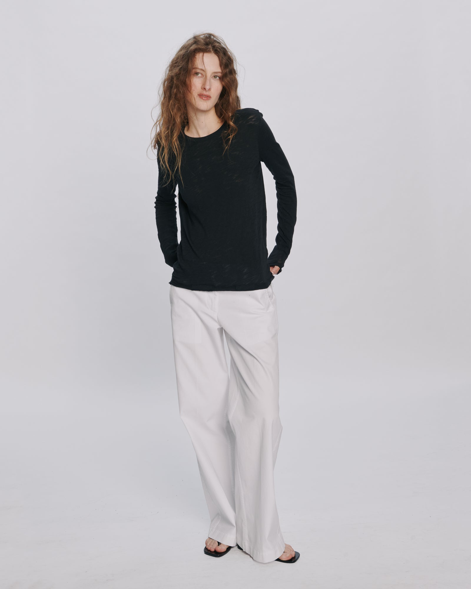 Slub Jersey Long Sleeve Destroyed Wash Tee - Black