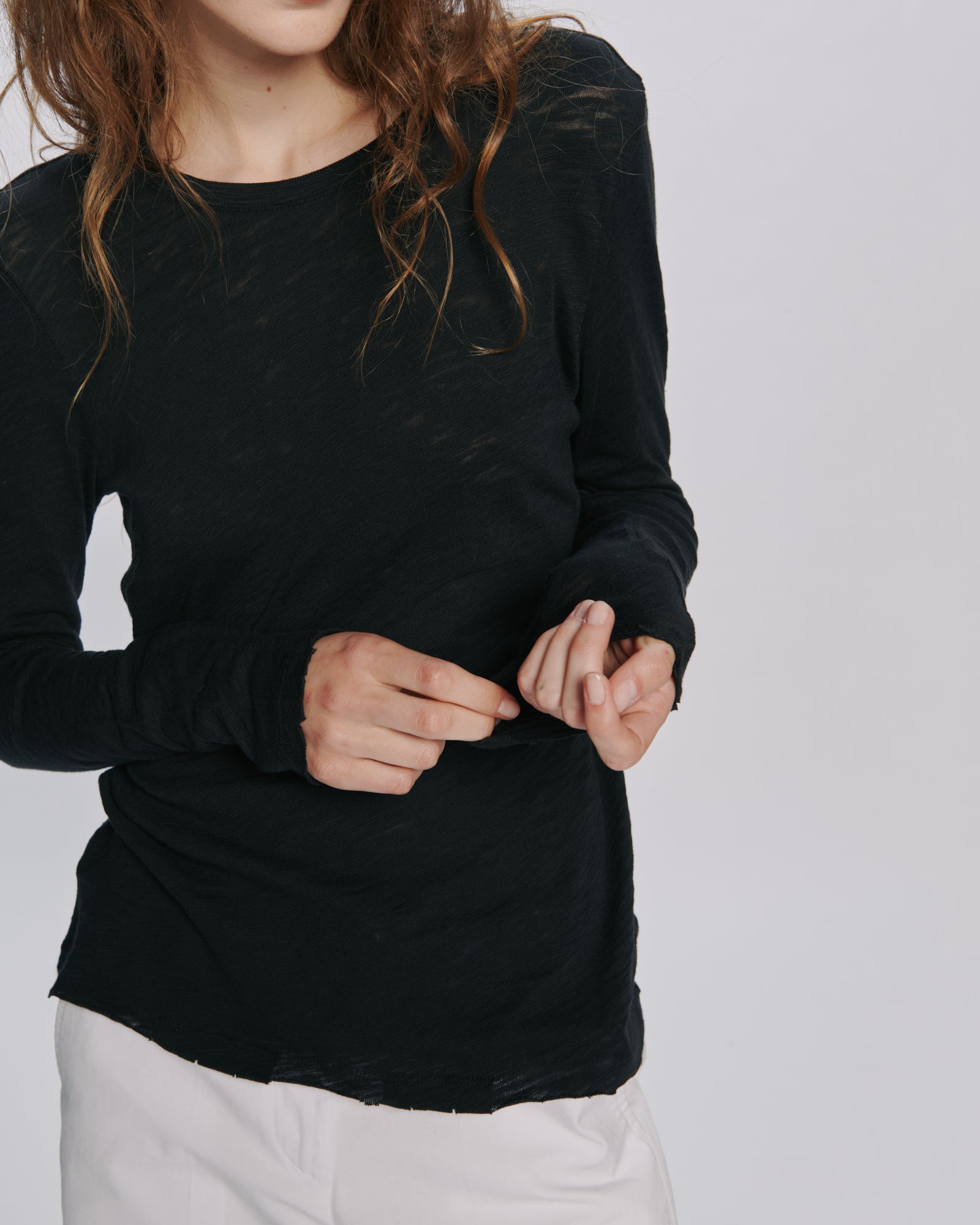 Slub Jersey Long Sleeve Destroyed Wash Tee - Black