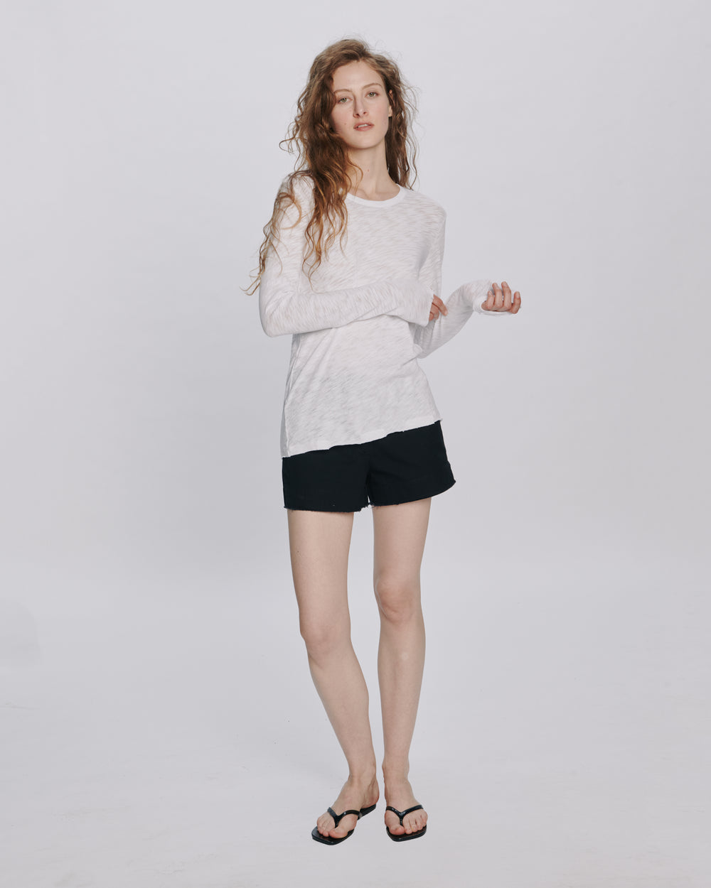 Slub Jersey Long Sleeve Destroyed Wash Tee - White