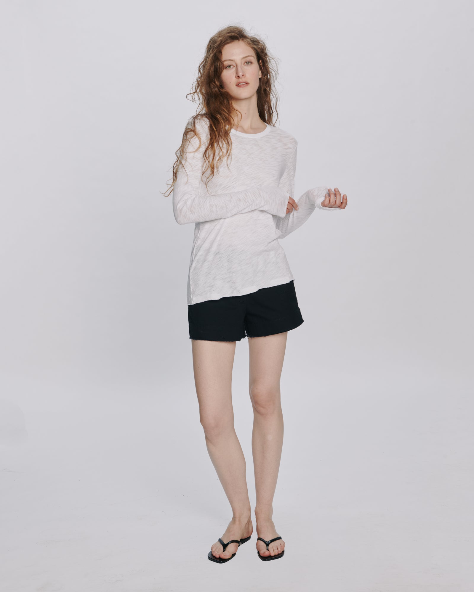 Slub Jersey Long Sleeve Destroyed Wash Tee - White