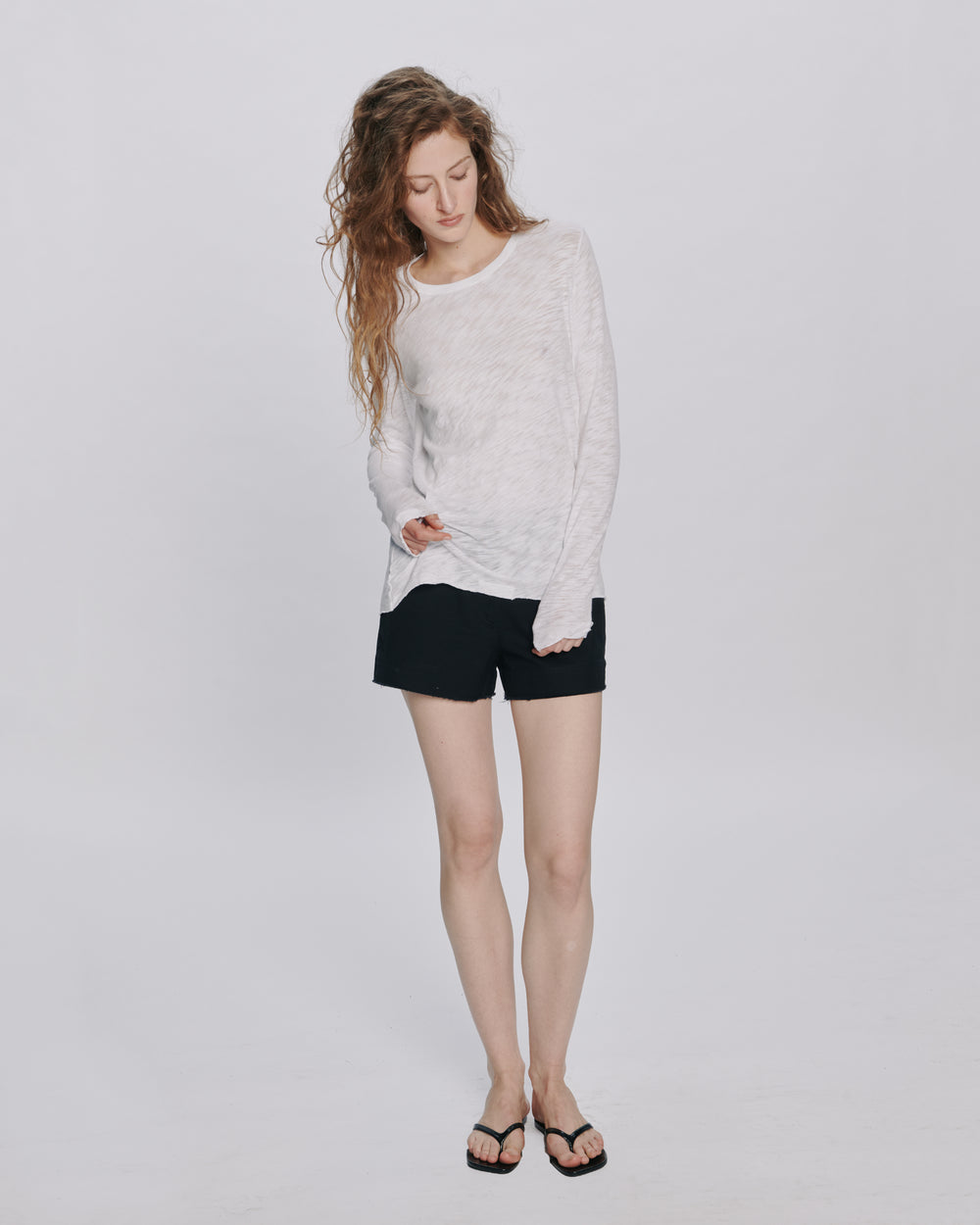Slub Jersey Long Sleeve Destroyed Wash Tee - White