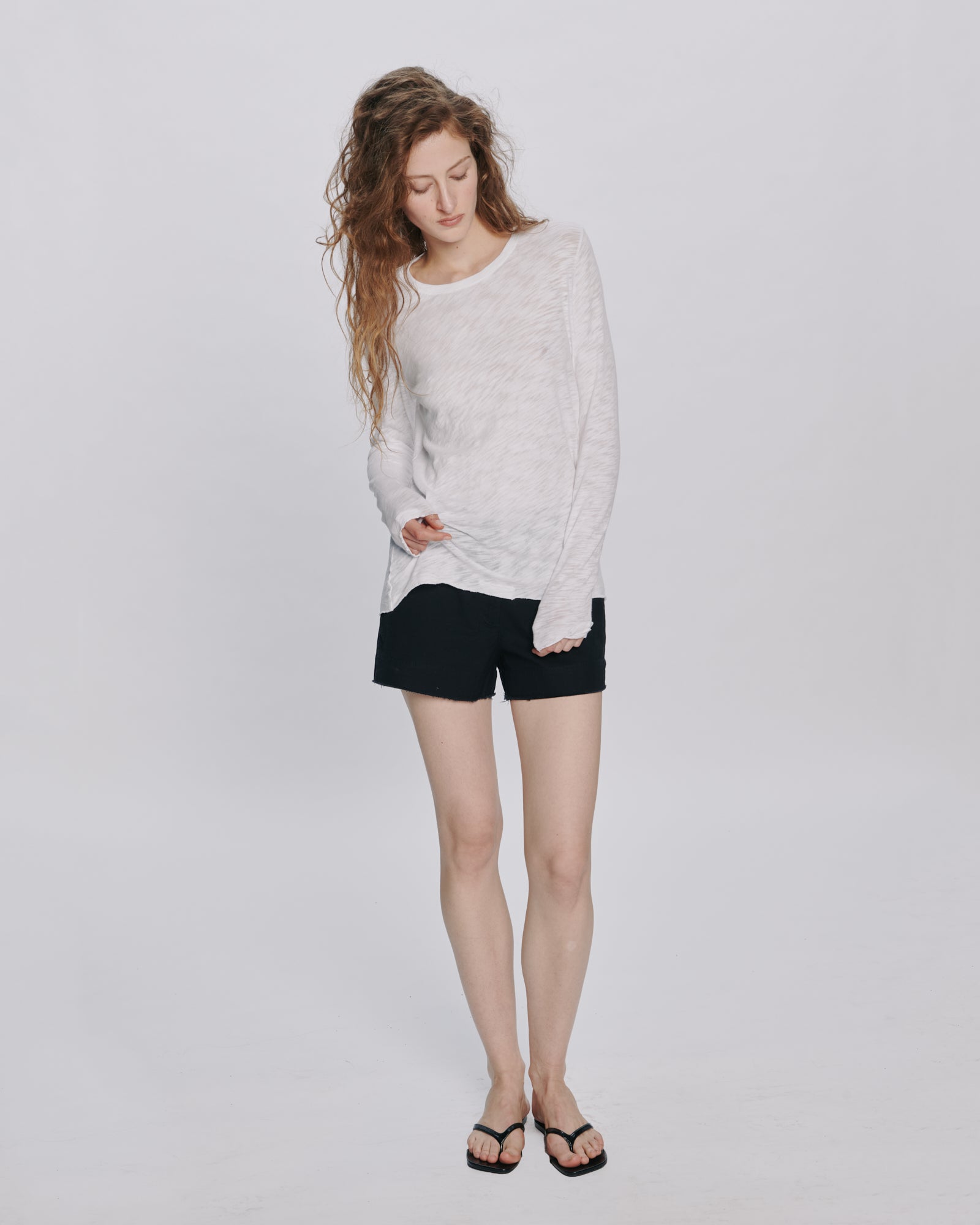 Slub Jersey Long Sleeve Destroyed Wash Tee - White