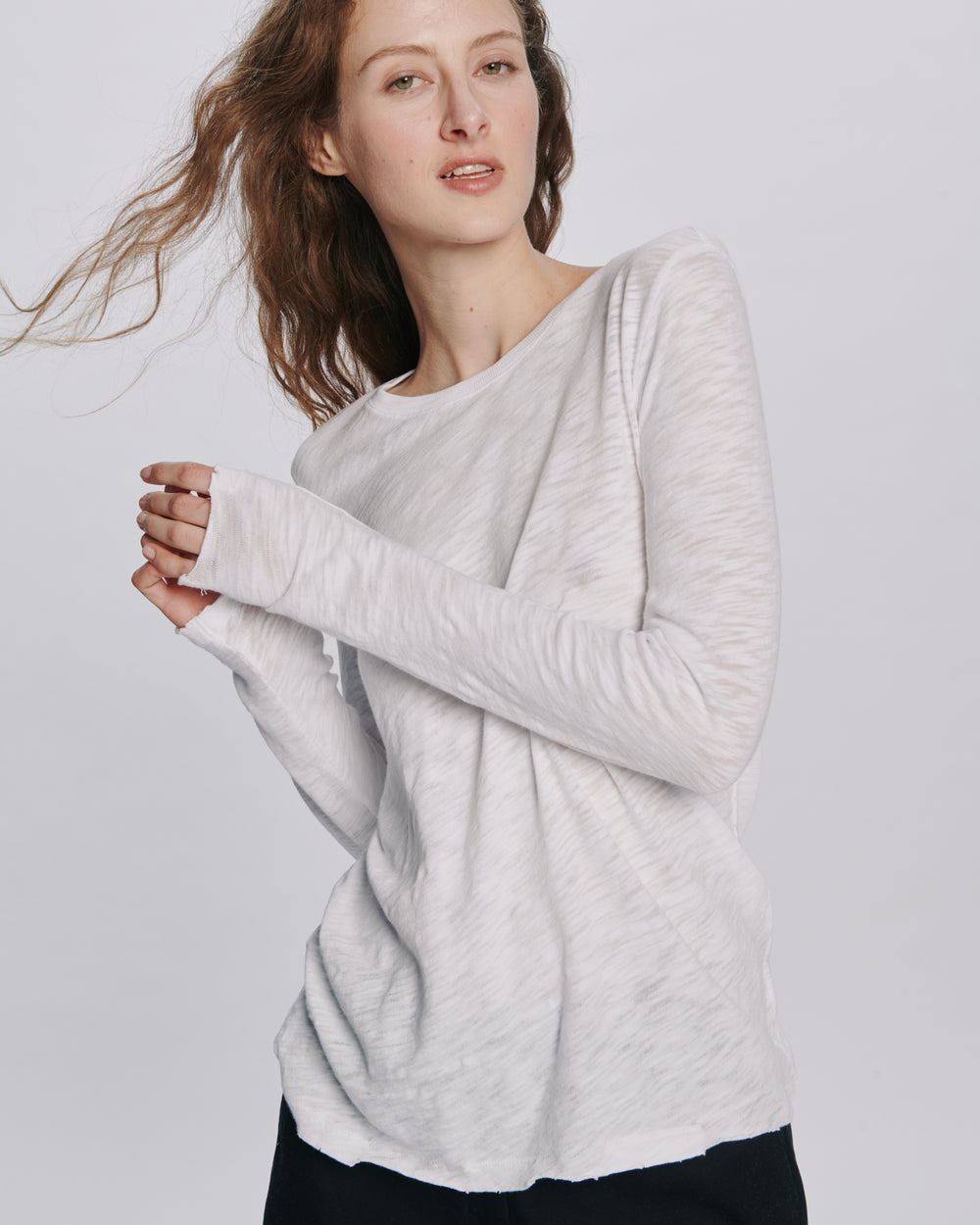 Slub Jersey Long Sleeve Destroyed Wash Tee - White