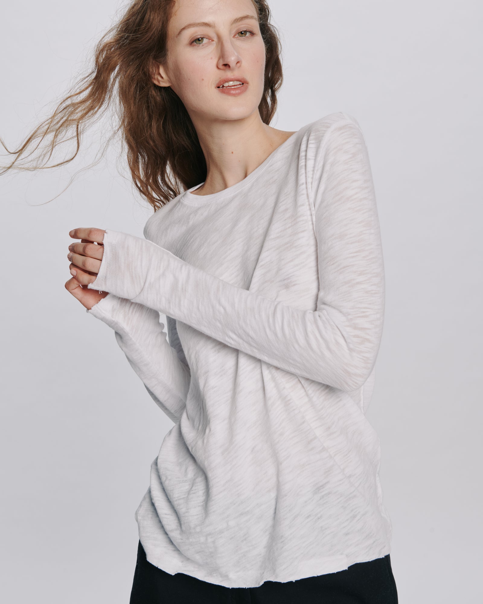 Slub Jersey Long Sleeve Destroyed Wash Tee - White