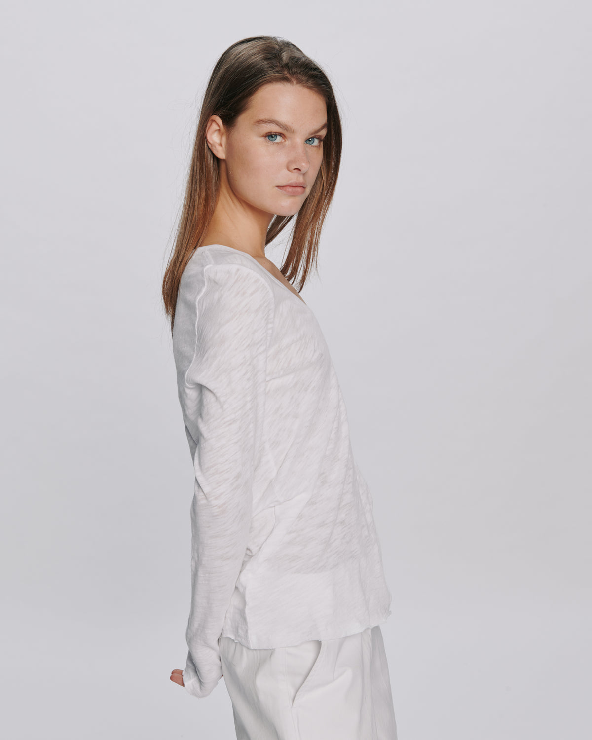 Slub Jersey Long Sleeve V-Neck Tee - White