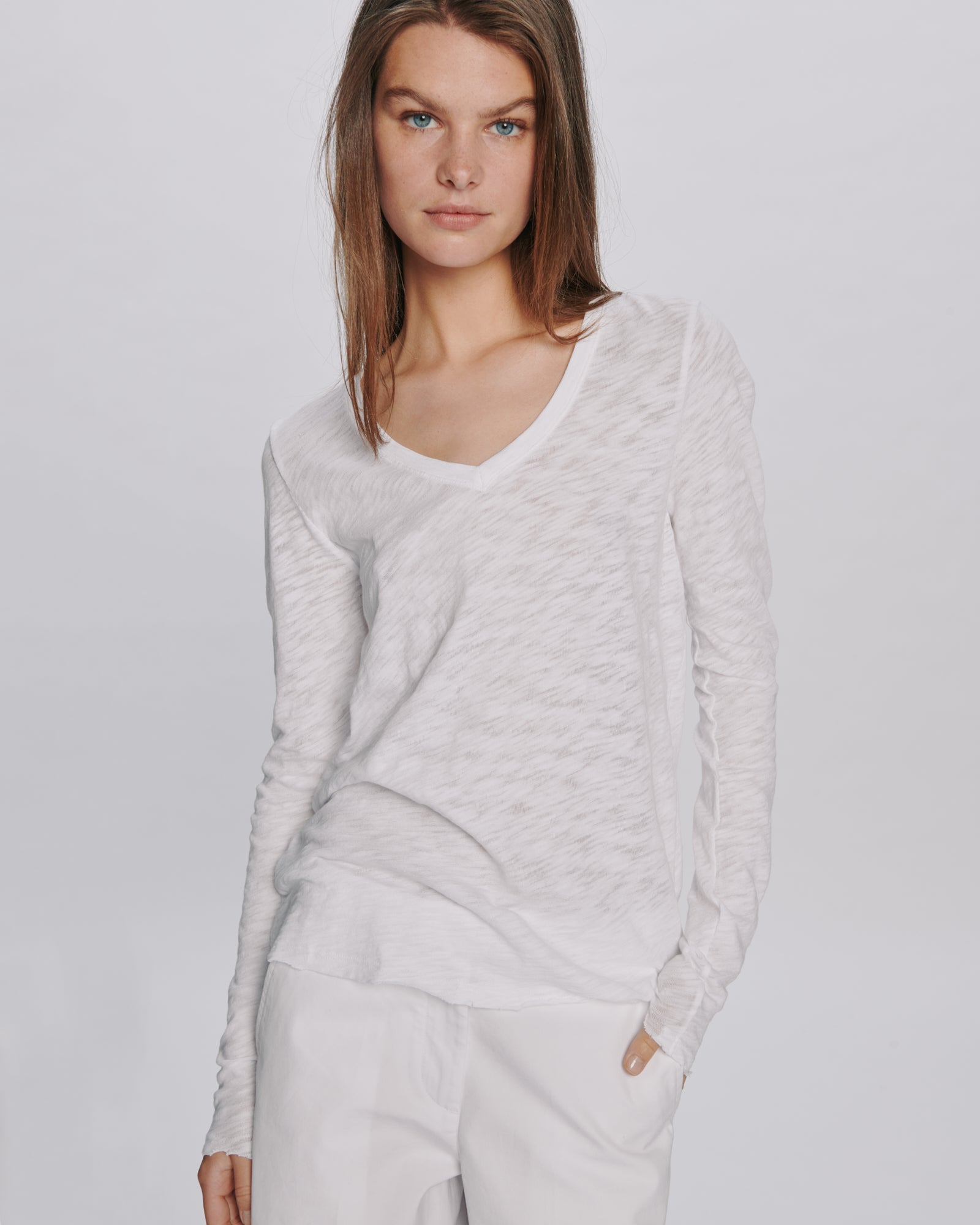 Slub Jersey Long Sleeve V-Neck Tee - White – ATM Anthony Thomas