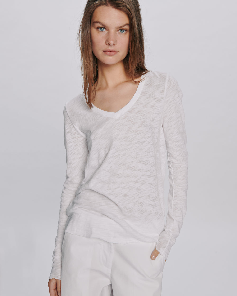 Slub Jersey Long Sleeve V-Neck Tee - White
