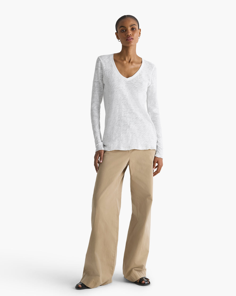 Slub Jersey Long Sleeve V-Neck Tee - White