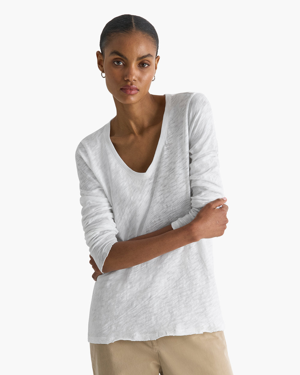 Slub Jersey Long Sleeve V-Neck Tee - White