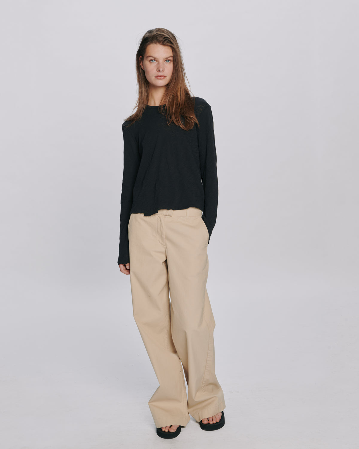 Slub Jersey Long Sleeve Destroyed Wash Crop Tee - Black