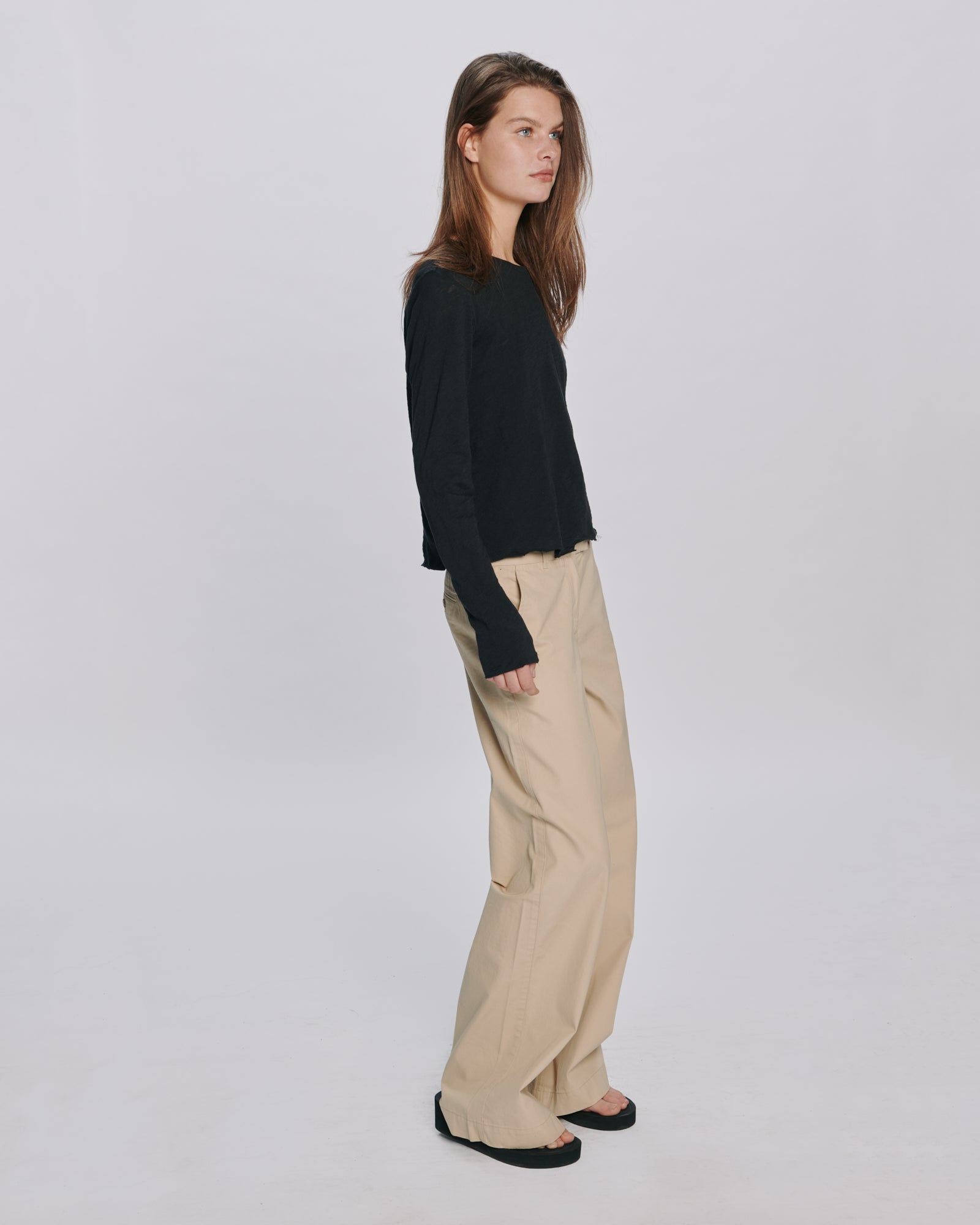 Slub Jersey Long Sleeve Destroyed Wash Crop Tee - Black