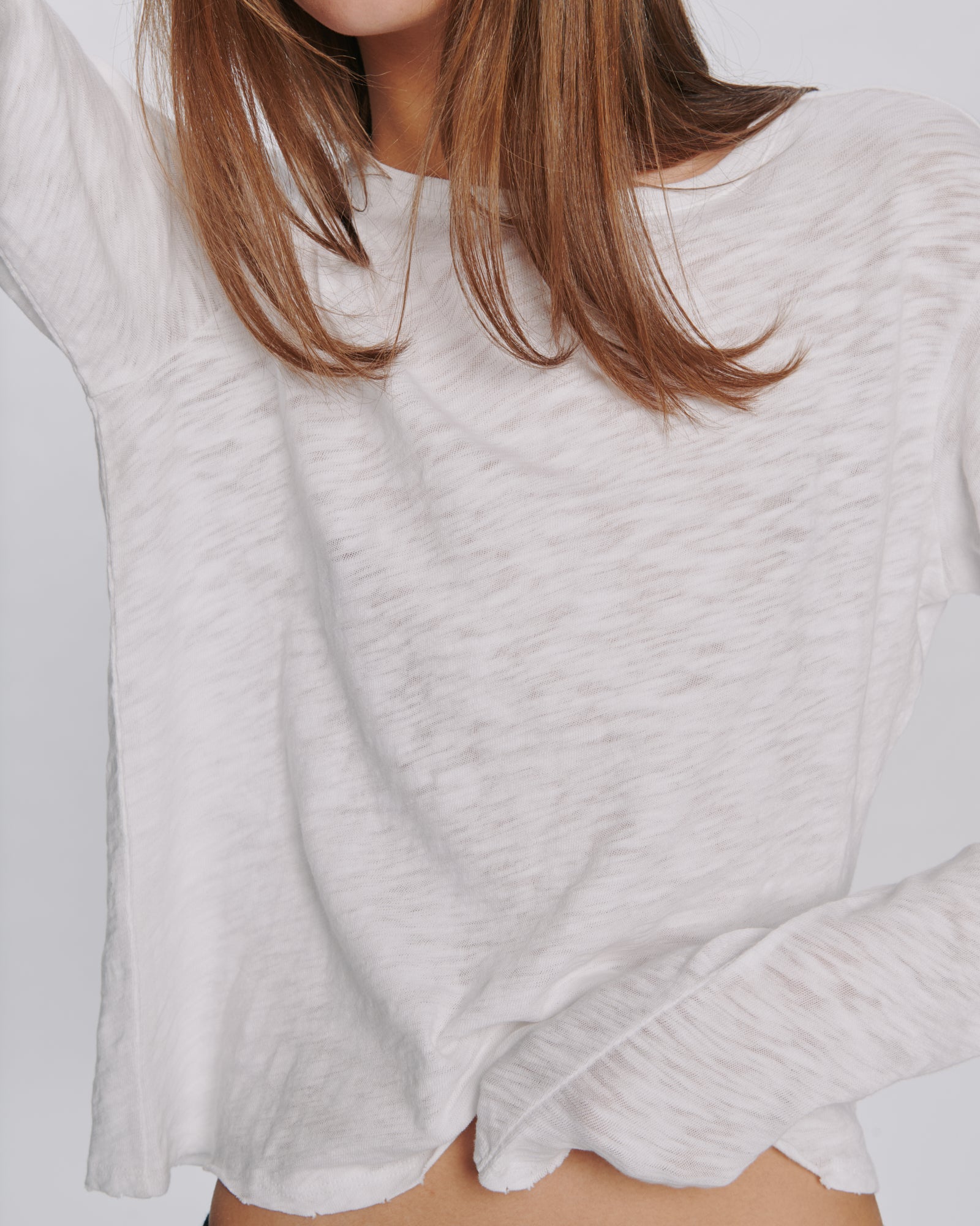 Slub Jersey Long Sleeve Destroyed Wash Crop Tee - White