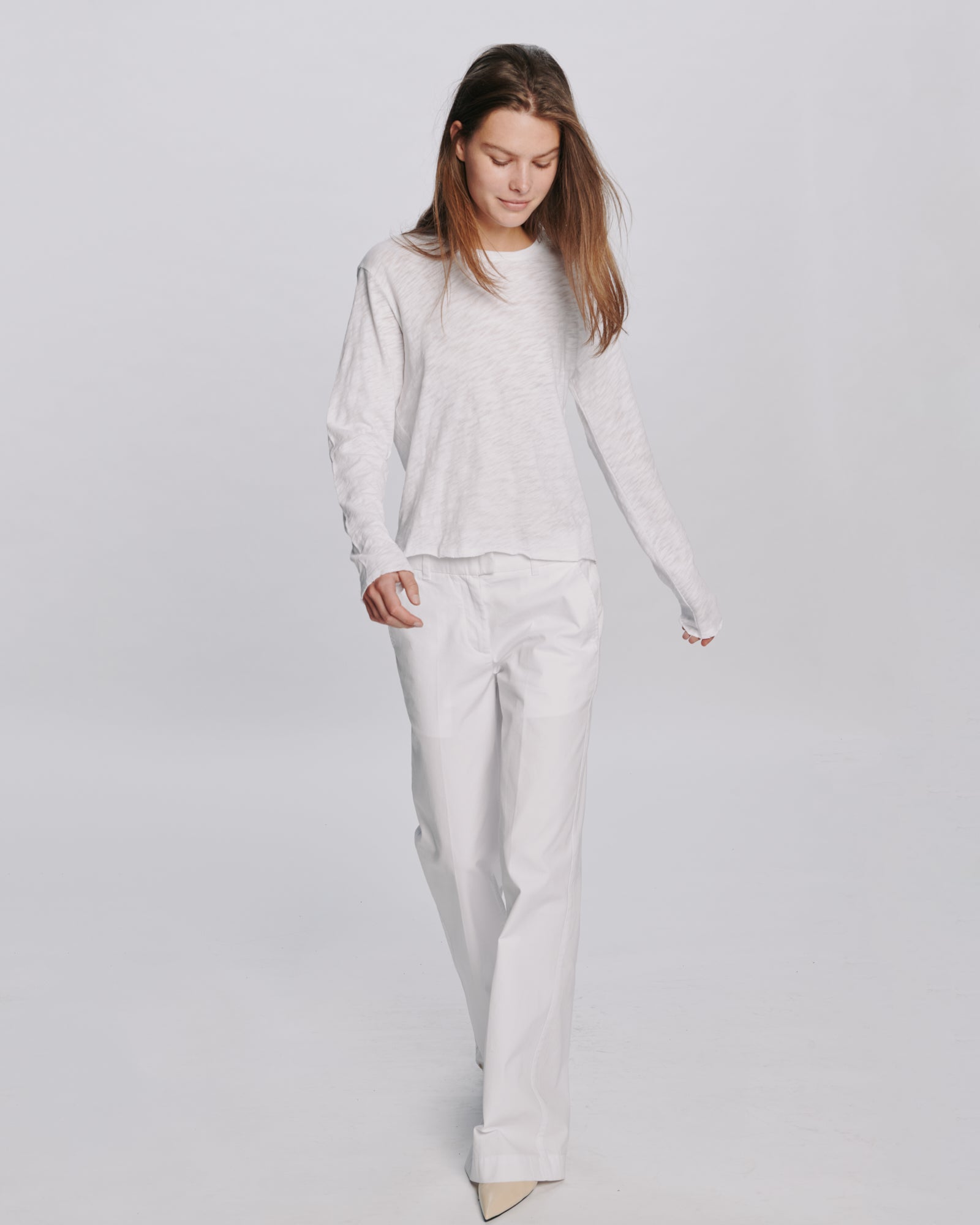 Slub Jersey Long Sleeve Destroyed Wash Crop Tee - White