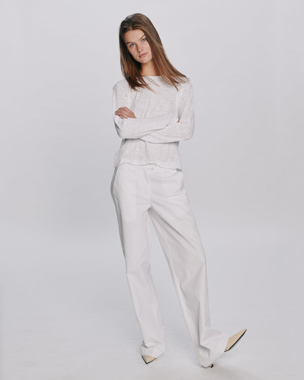 Slub Jersey Long Sleeve Destroyed Wash Crop Tee - White