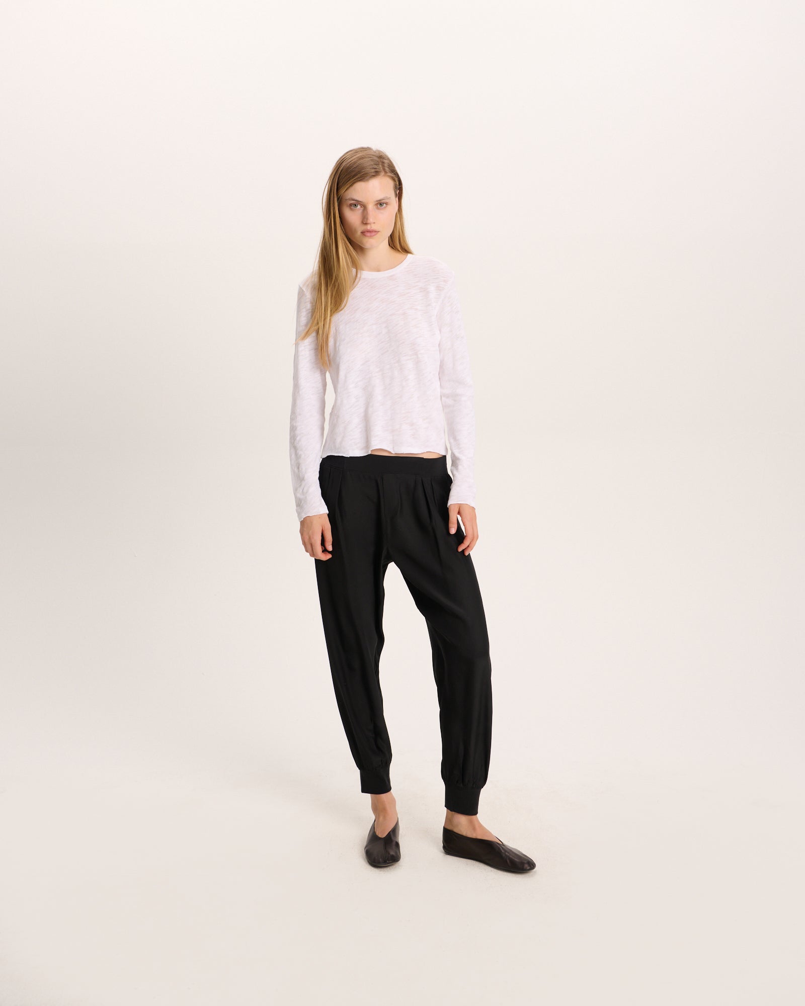 Slub Jersey Long Sleeve Destroyed Wash Crop Tee - White